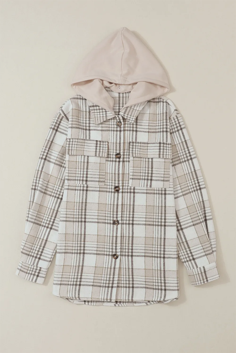 plaid removable hood button up shacket – basic style | dropsona - neutral - front view
