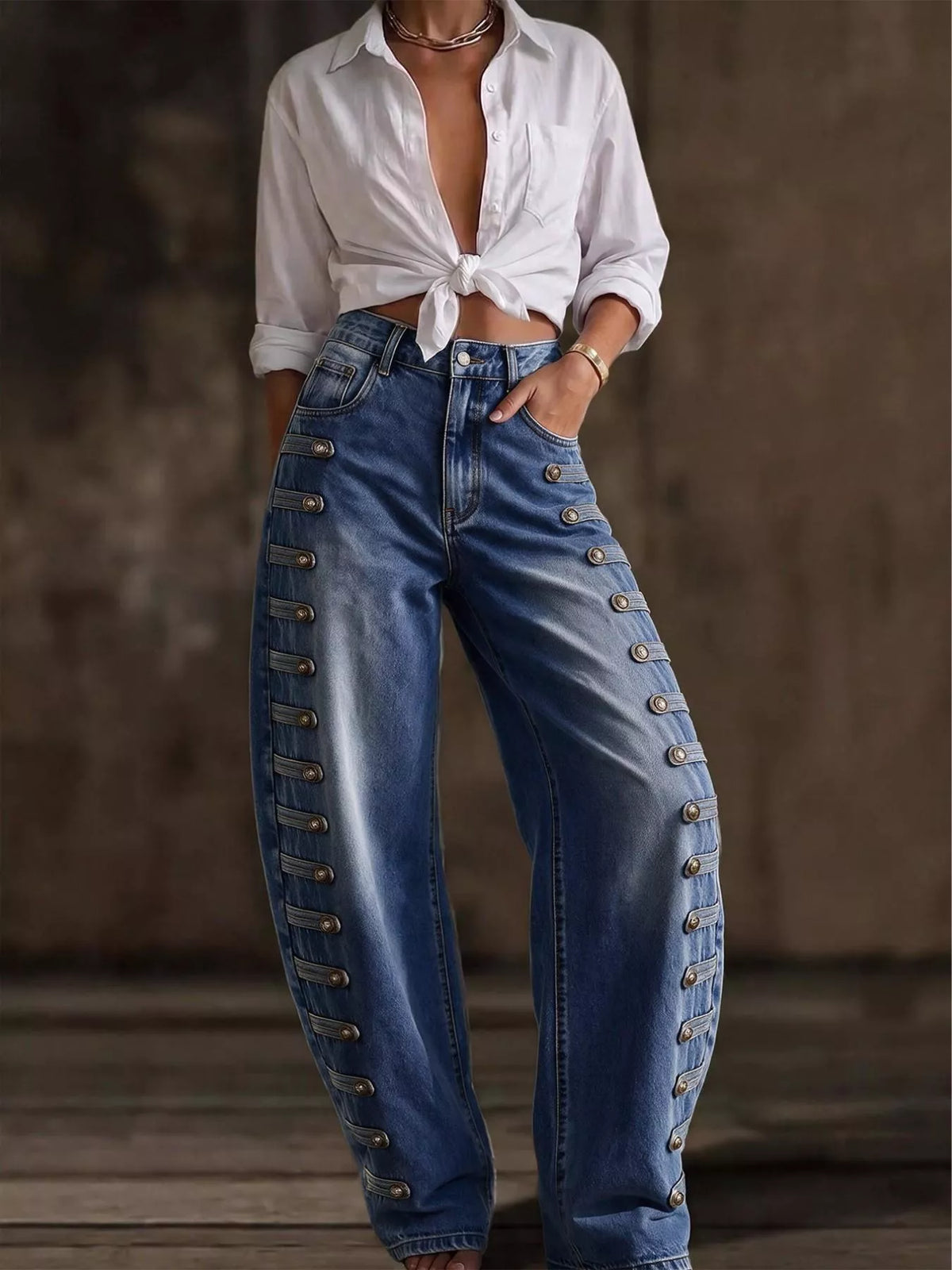 decorative button wide leg jeans – buttoned,pocketed | dropsona - neutral - front view