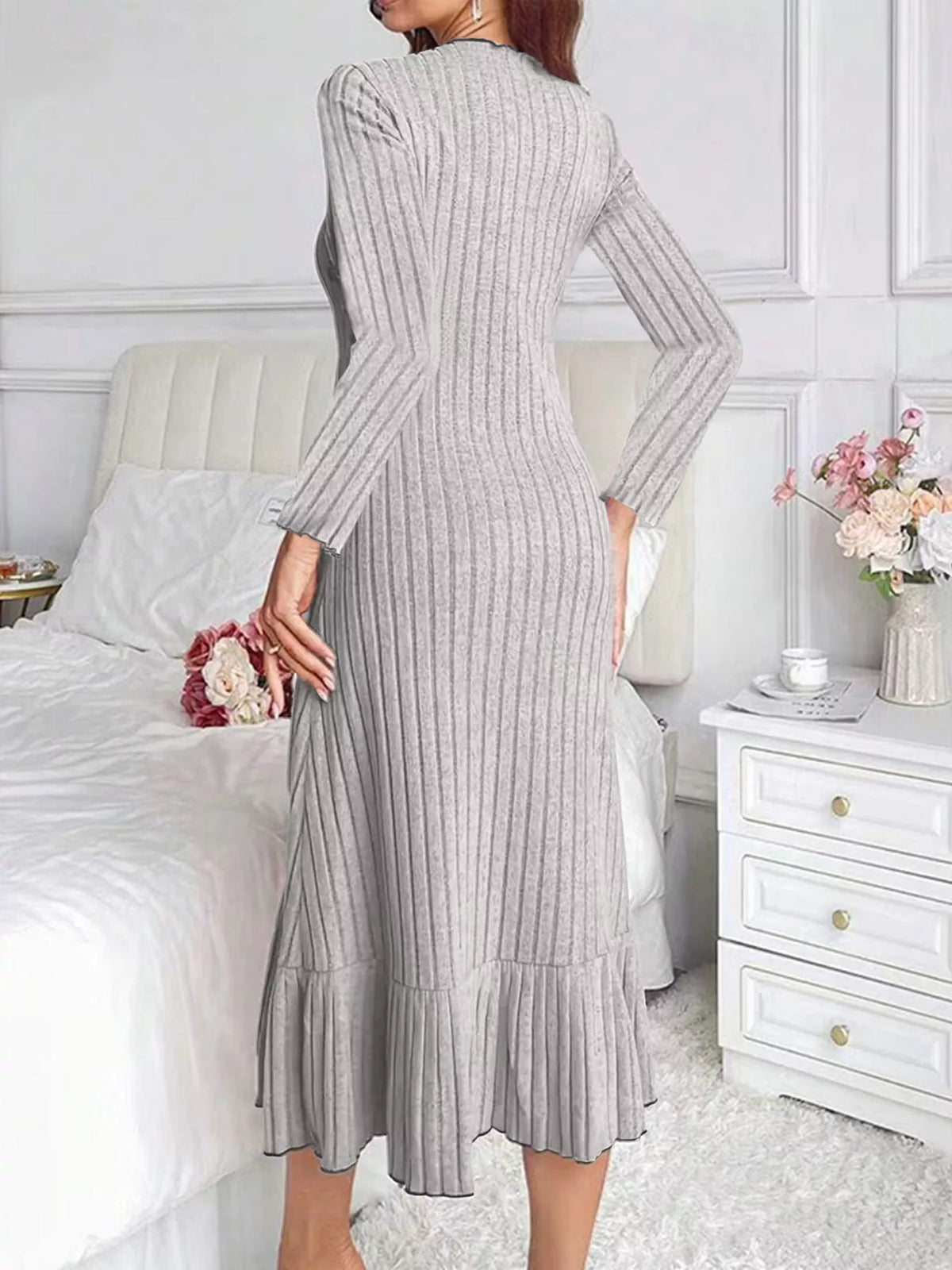 full size ribbed knit ruffle hem bodycon dress plus | dropsona - neutral - close-up detail