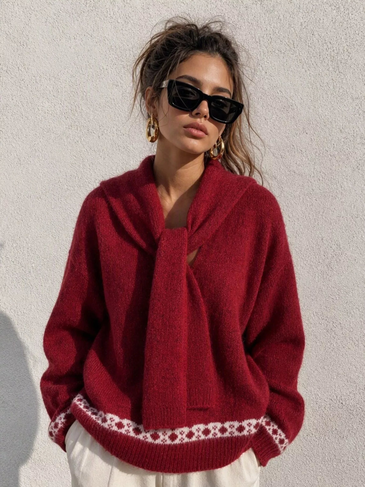 scarf detail dropped shoulder sweater – basic style | dropsona - neutral - size reference