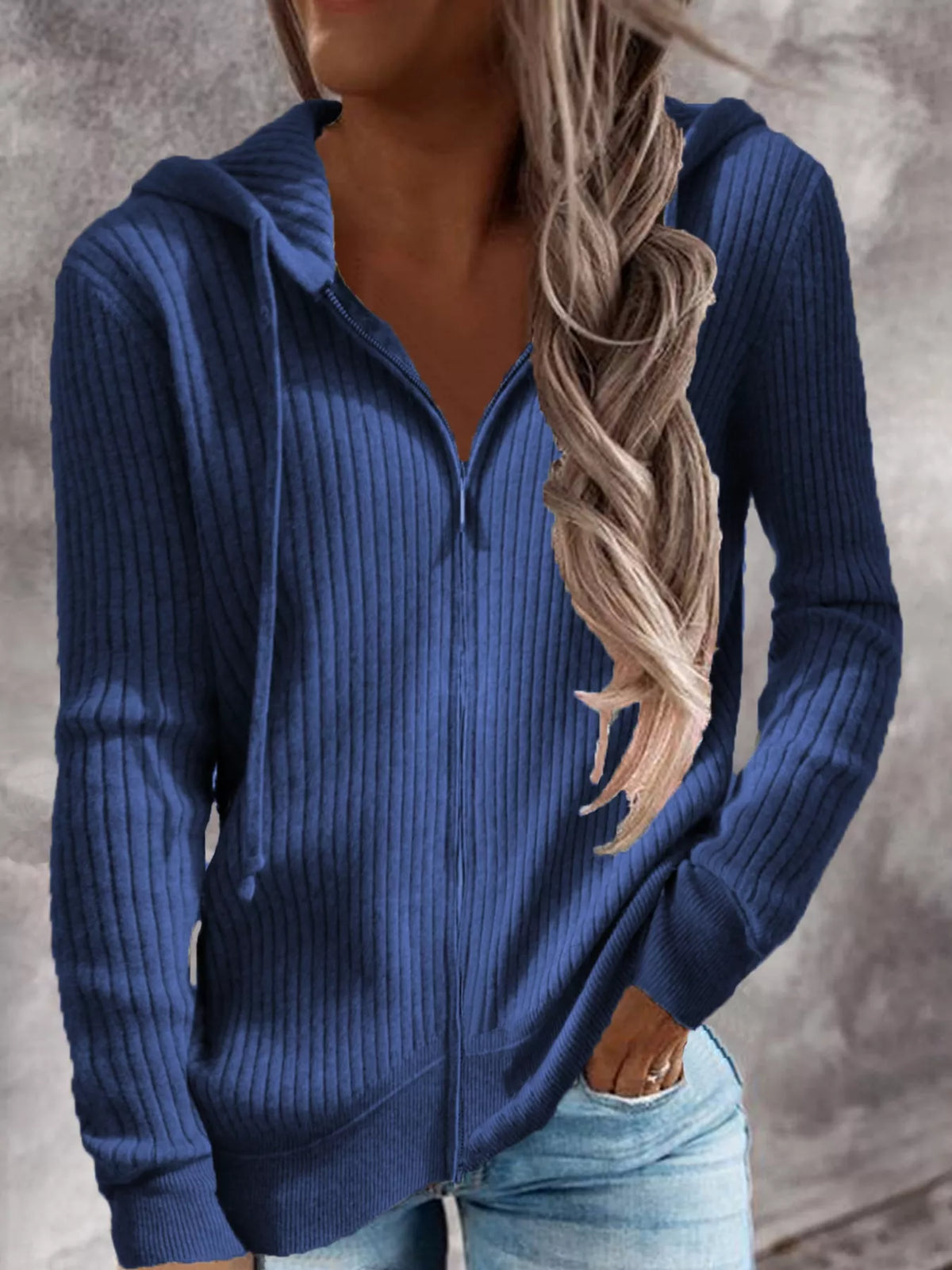 full size ribbed knit zip-up hooded cardigan plus | dropsona - neutral - material texture