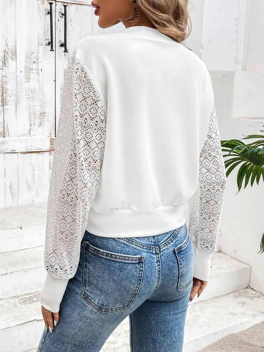 baseball collar lace patchwork long sleeve jacket - material texture
