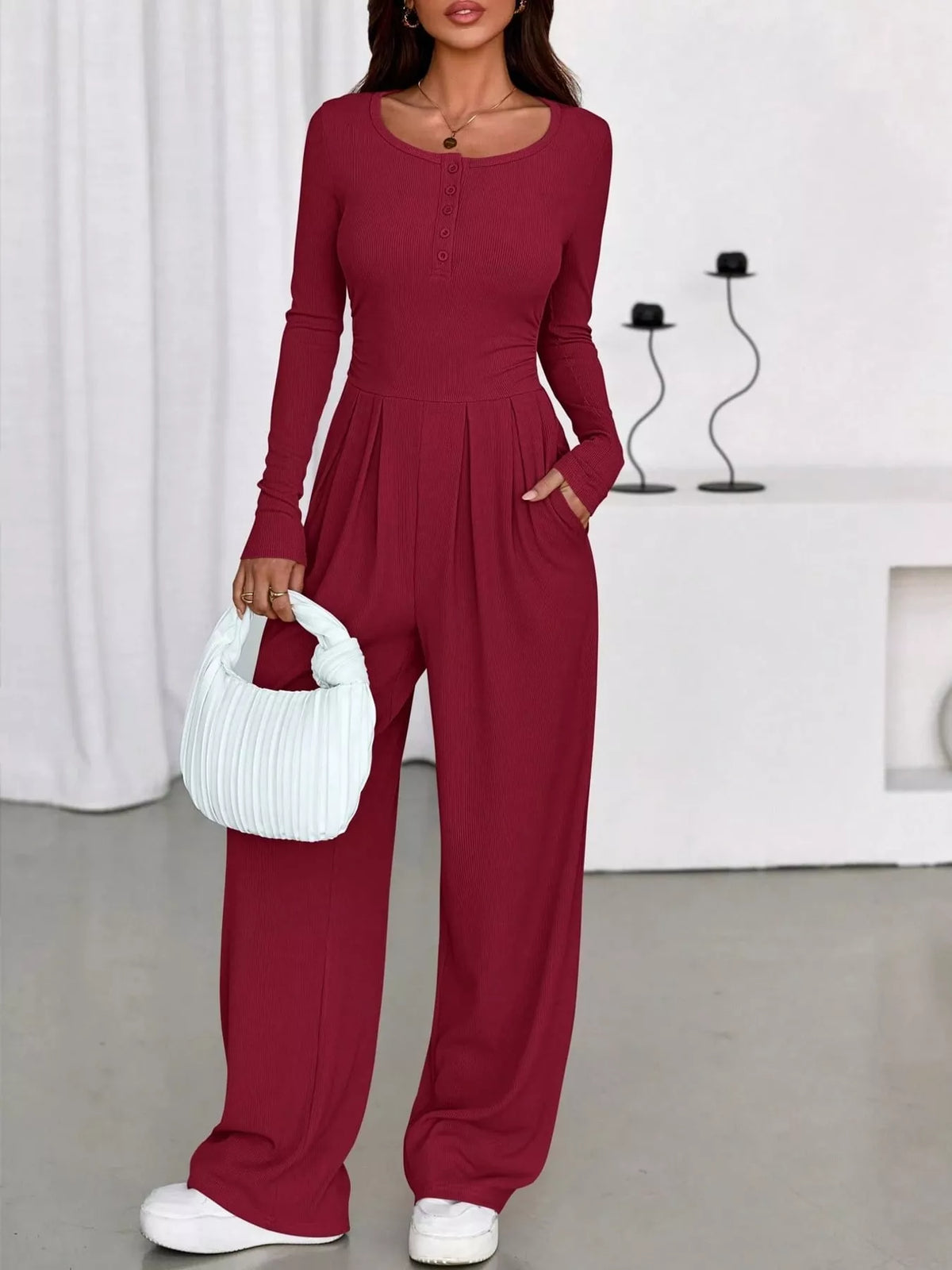 long sleeve ribbed knit wide leg jumpsuit | dropsona - neutral - size reference