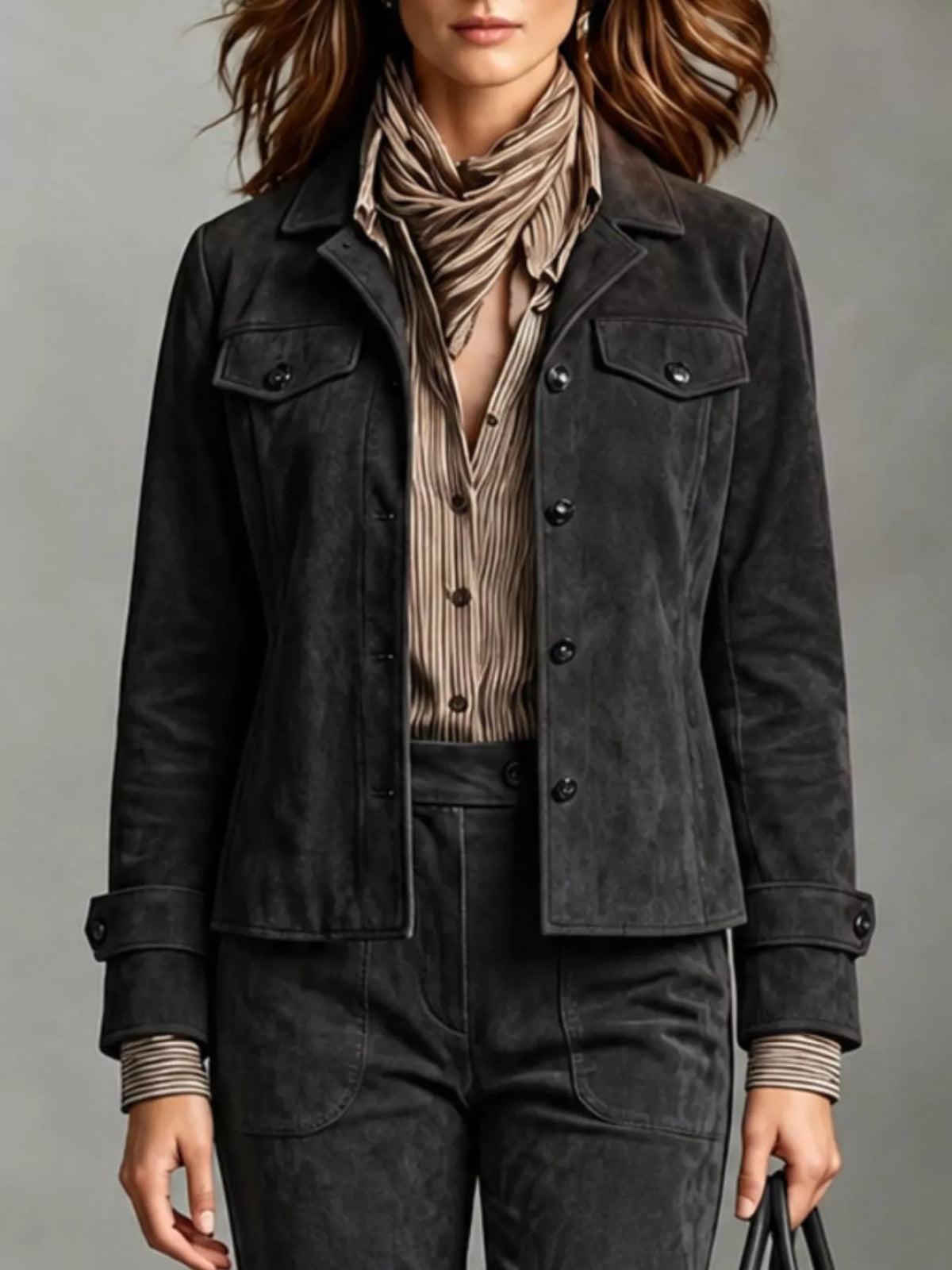 full size suede utility blazer with button-front | dropsona - neutral - close-up detail