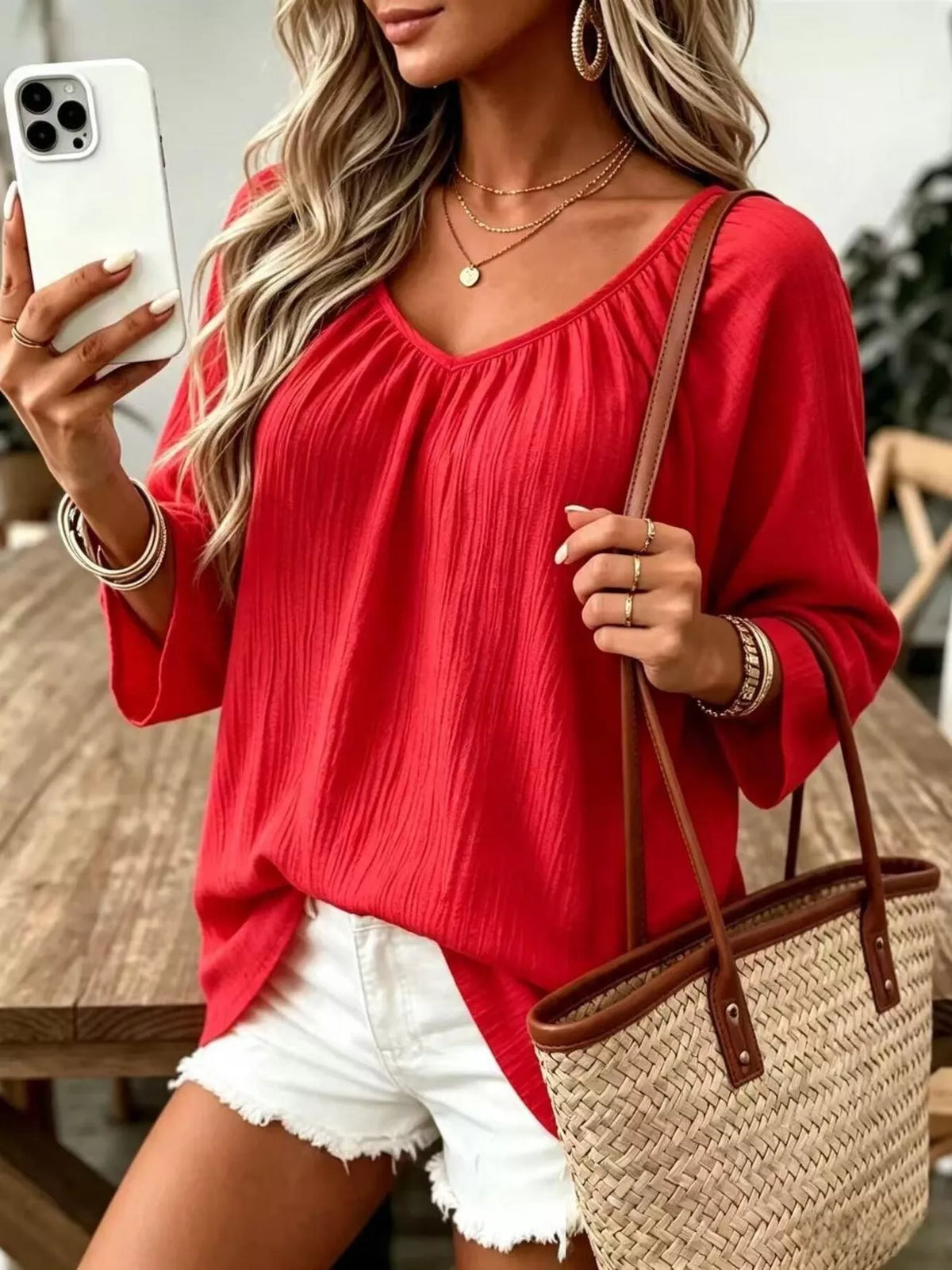 full size textured v-neck casual t-shirt plus | dropsona - neutral - packaging