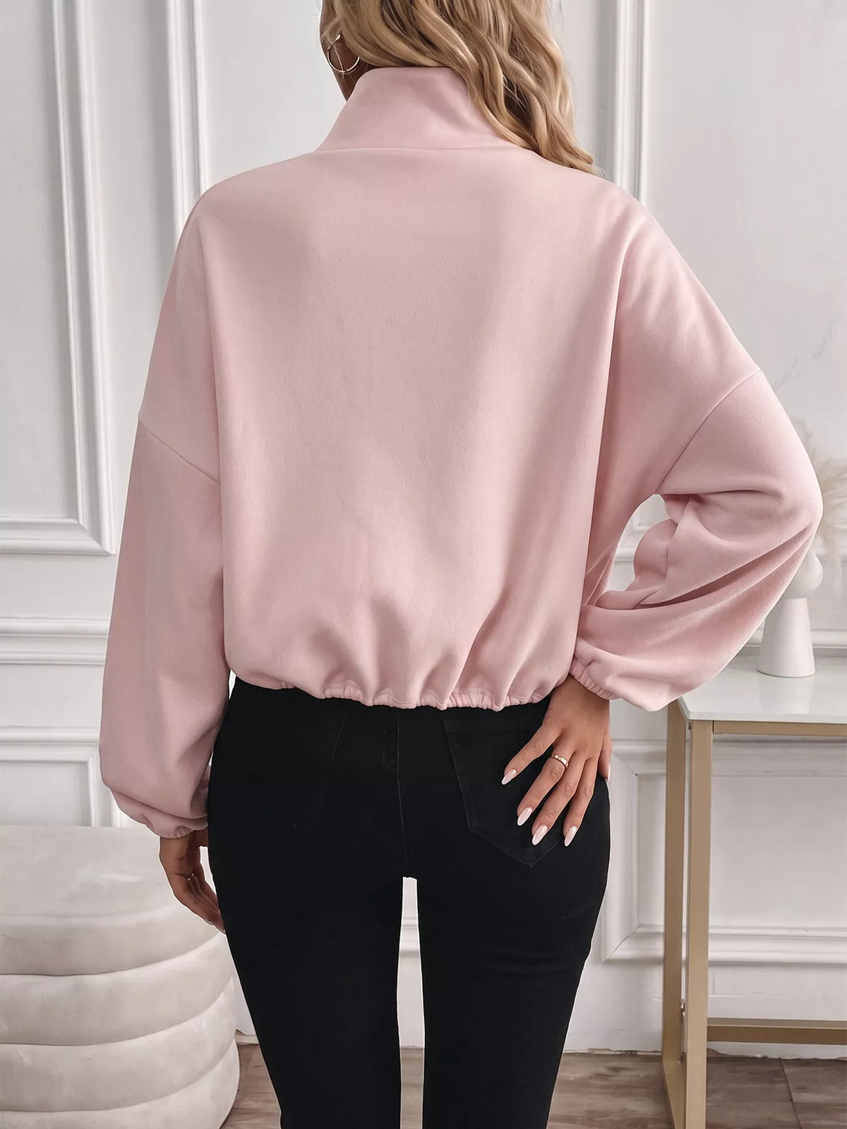 zip-up drawstring hem sweatshirt | dropsona - neutral - usage example