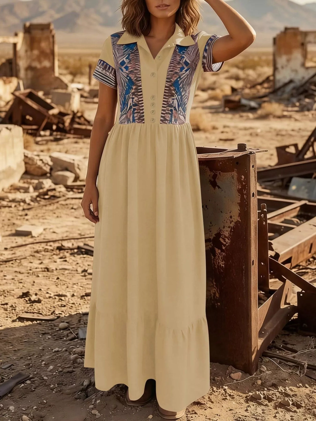 printed button-front maxi dress – buttoned,ruffled | dropsona - neutral - front view