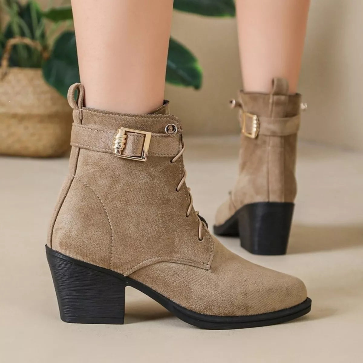round toe block heels boots – classy ballet flats | dropsona - neutral - close-up detail