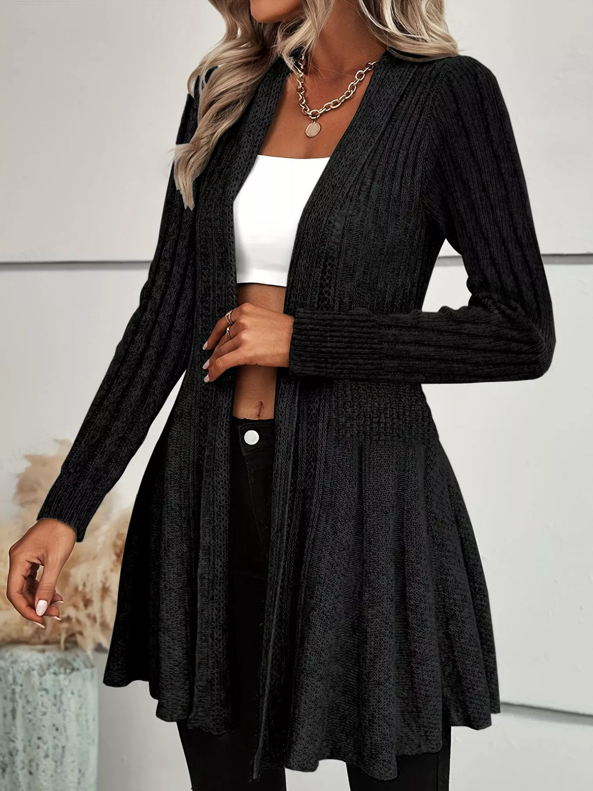 elegant ribbed knit open front flared cardigan | dropsona - neutral - size reference