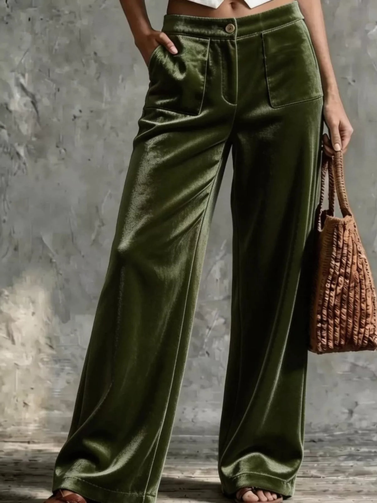 full size high-waisted wide-leg velvet pants with | dropsona - neutral - size reference