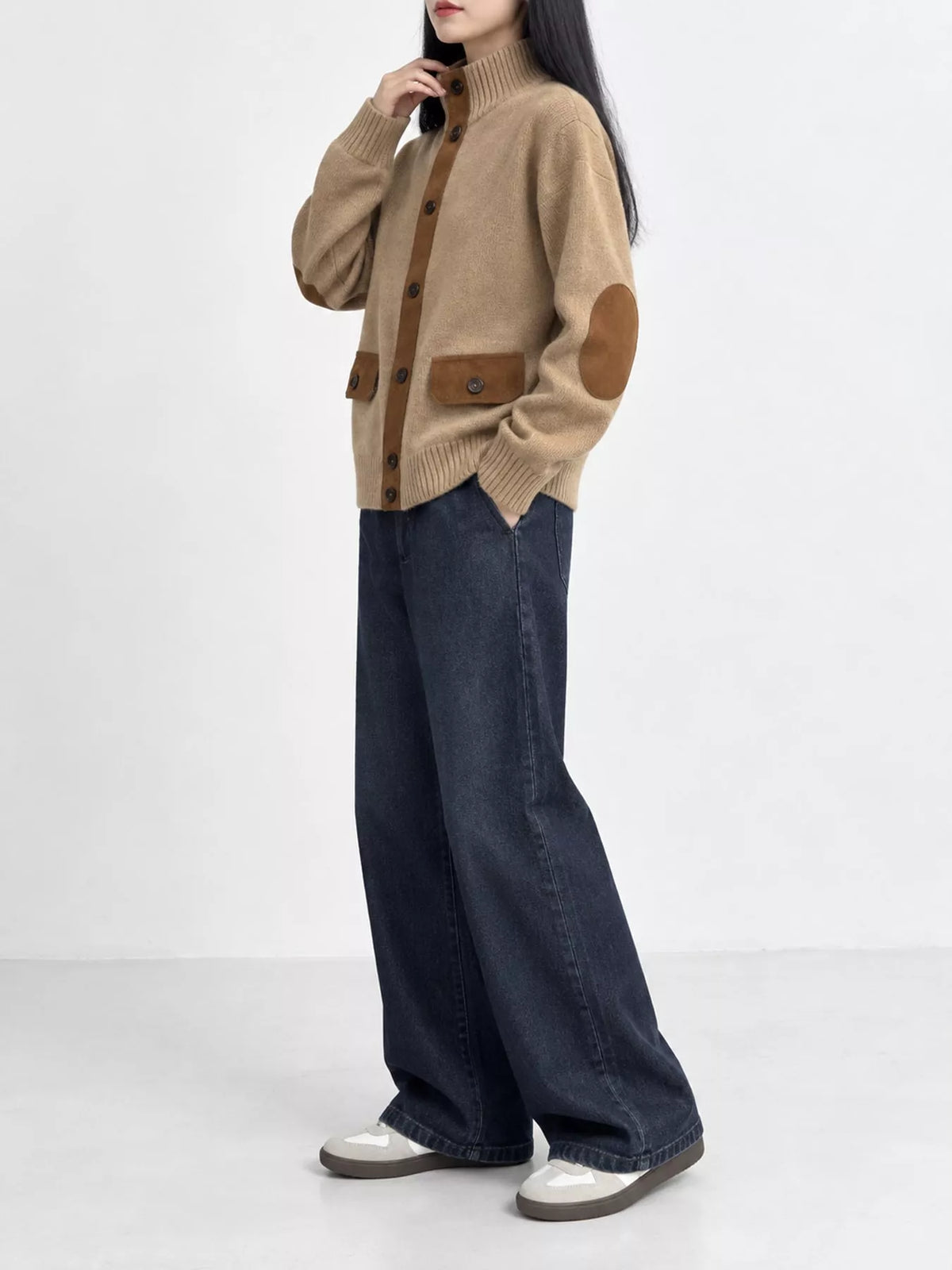 ribbed-knit mock neck cardigan – buttoned,pocketed fit | dropsona - neutral - close-up detail