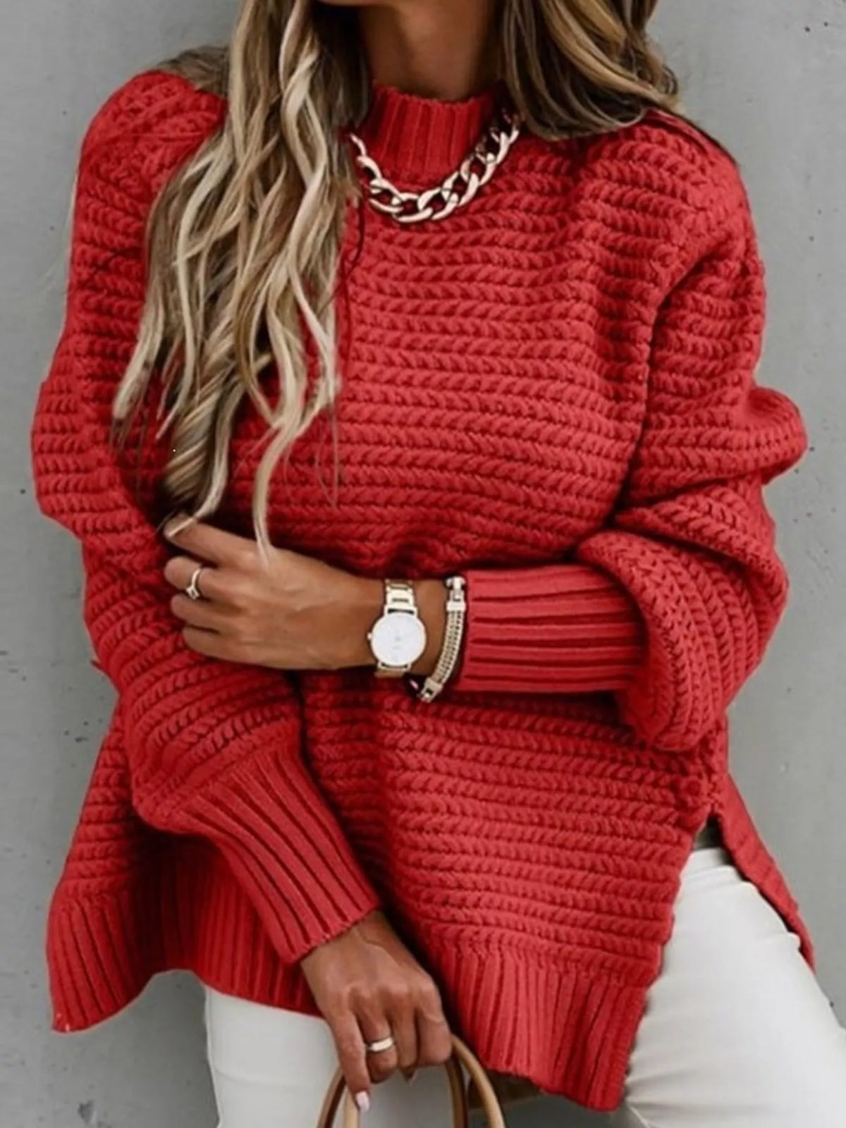 side slit textured knit sweater – ribbed,slit fit | dropsona - neutral - usage example