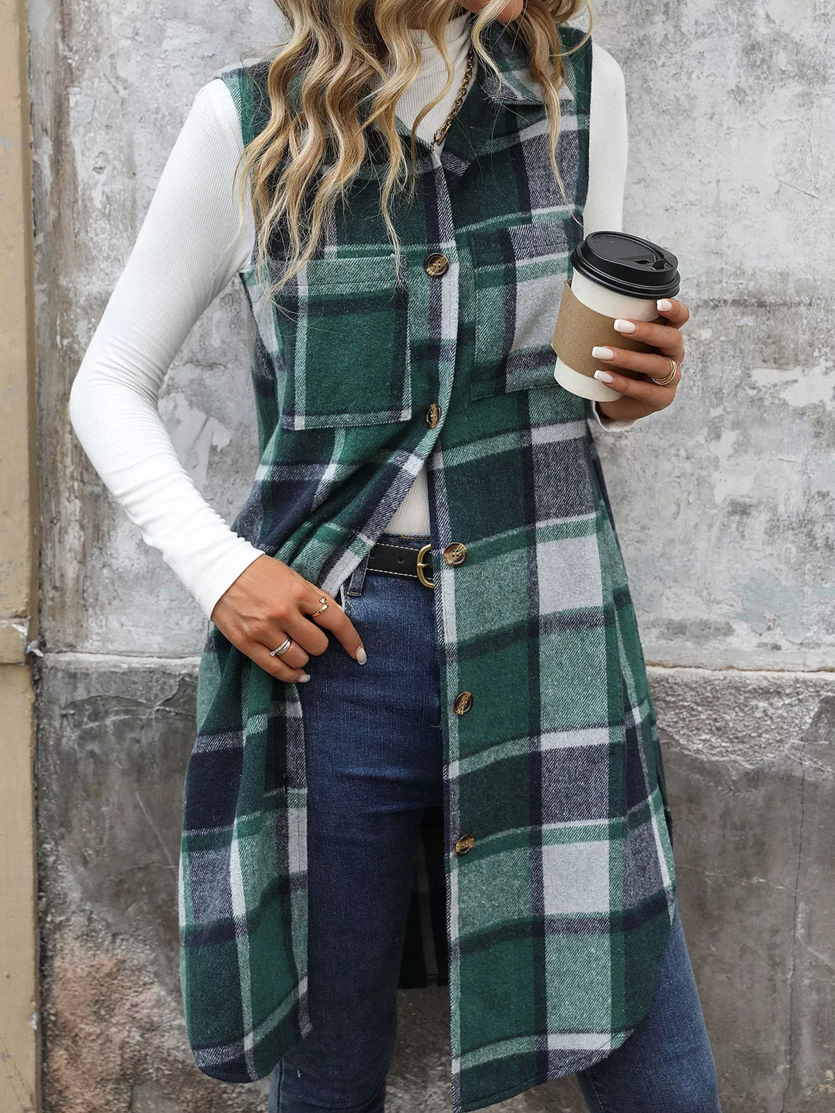 longline plaid button-down vest coat | dropsona - neutral - close-up detail