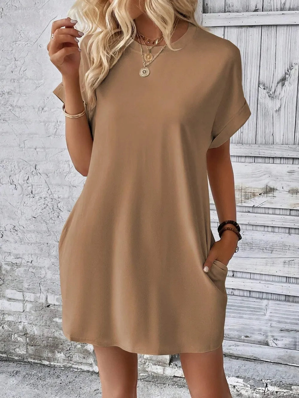 round neck short sleeve mini dress – basic style | dropsona - neutral - material texture