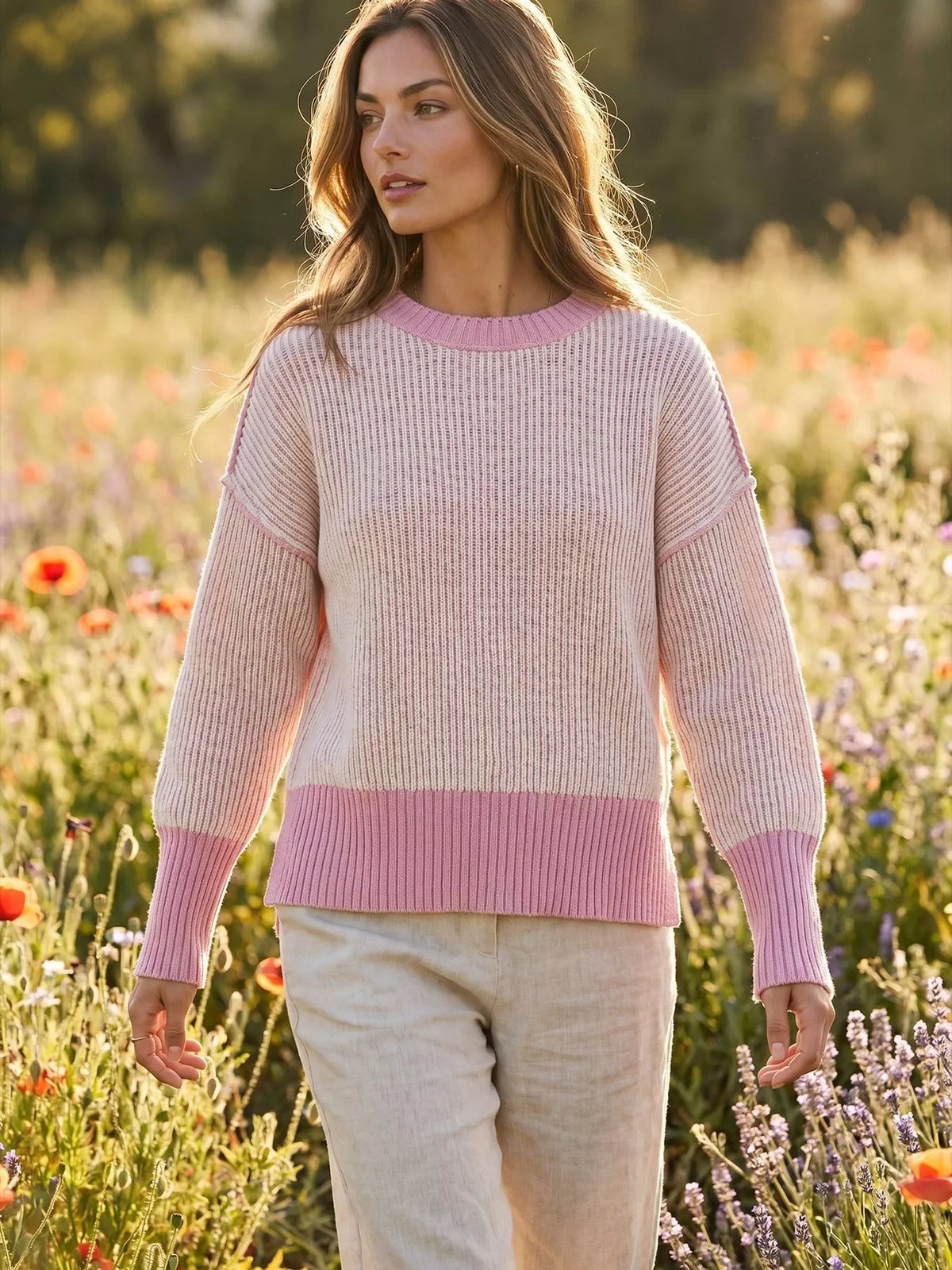 ribbed knit side slit sweater – basic style | dropsona - neutral - material texture
