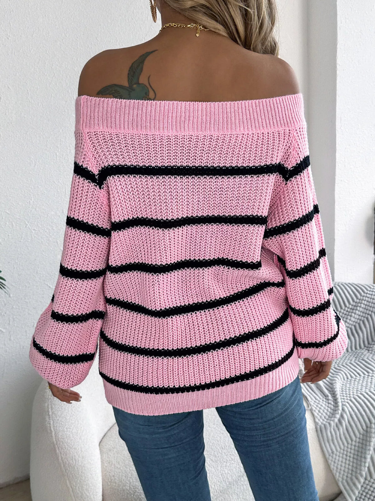 off-shoulder striped contrast sweater – basic style | dropsona - neutral - front view