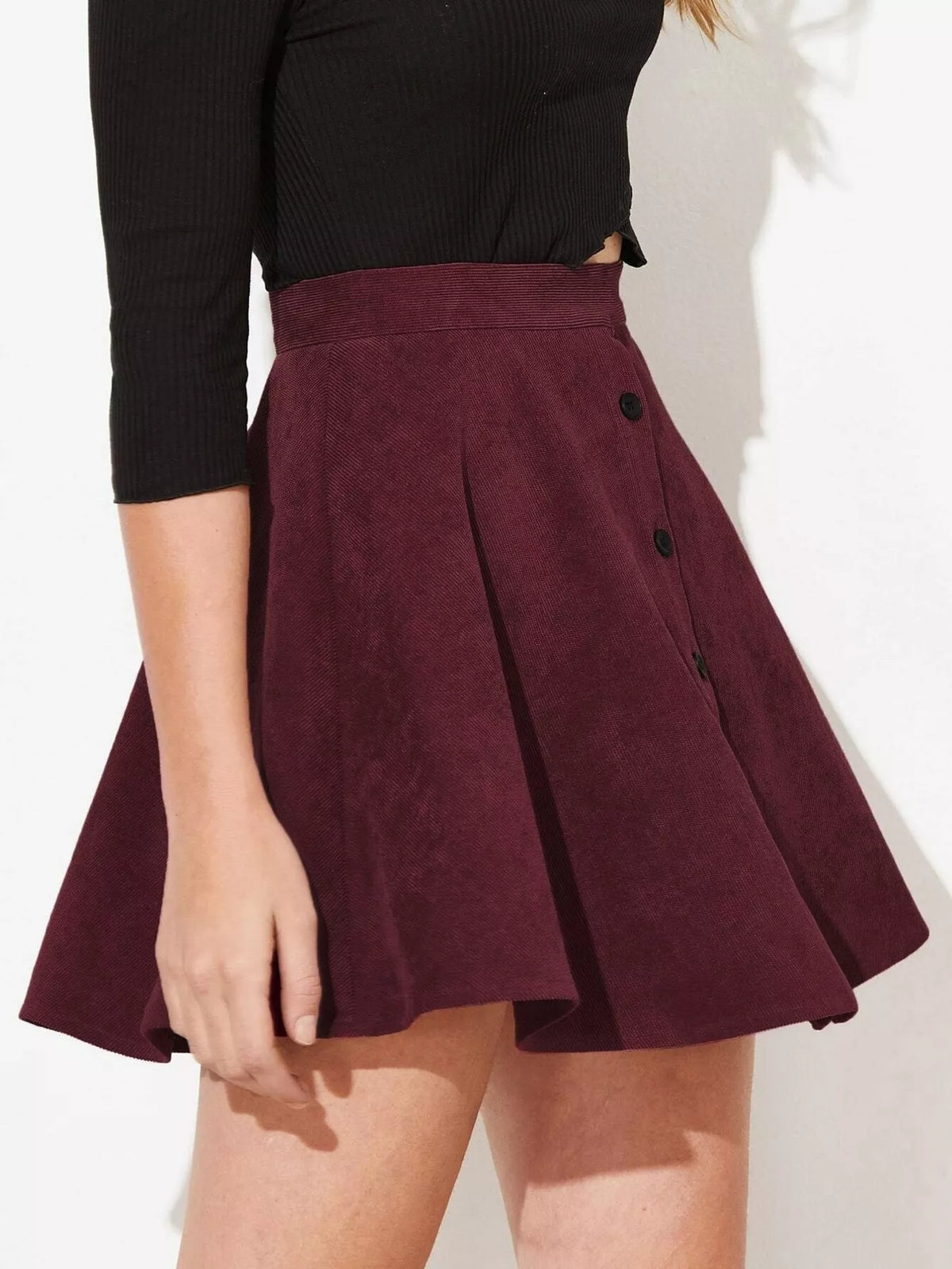 high-waisted a-line mini skirt – decorative button fit | dropsona - neutral - packaging