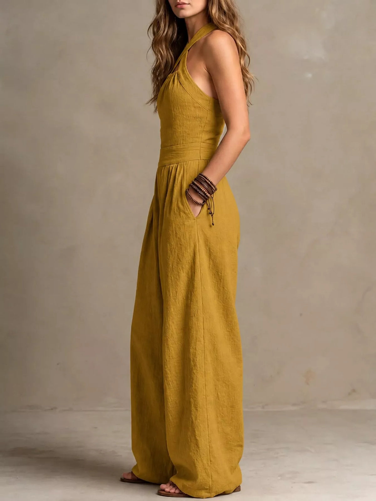 full size halter neck wide-leg jumpsuit plus | dropsona - neutral - close-up detail