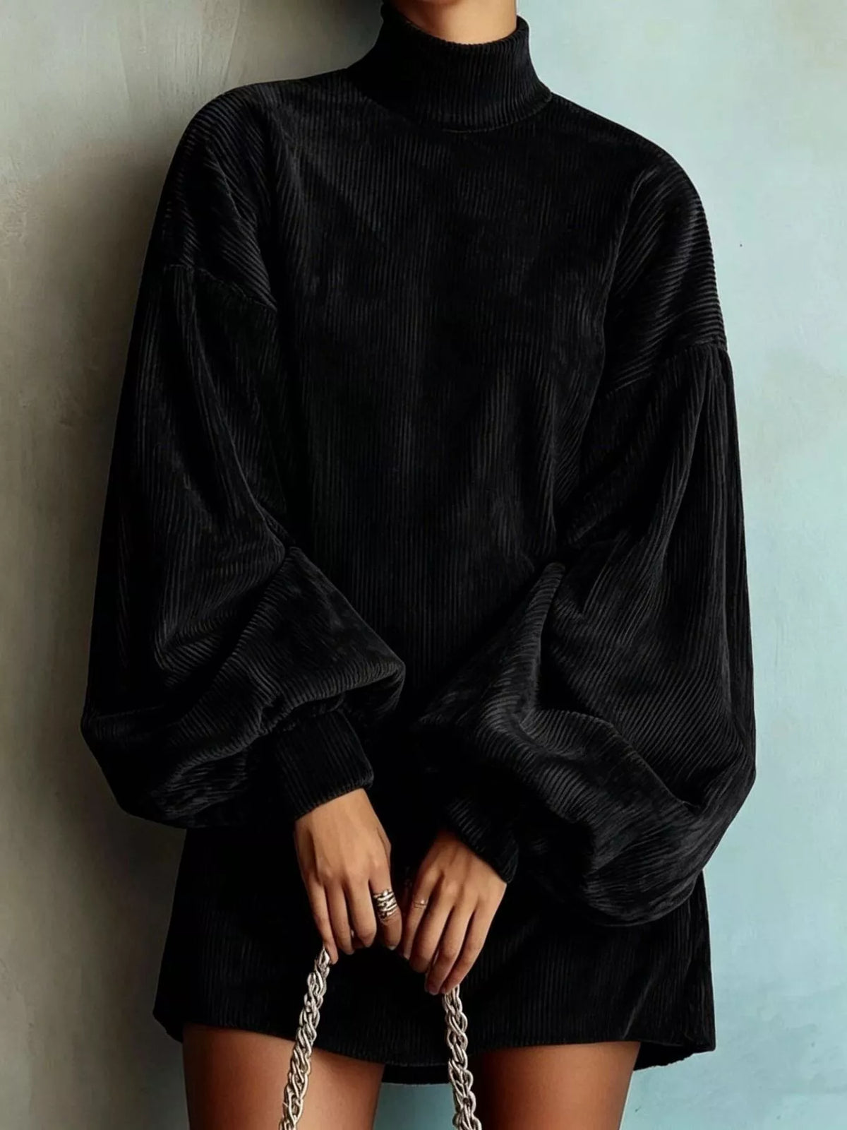 full size corduroy mock neck lantern sleeve mini | dropsona - neutral - size reference