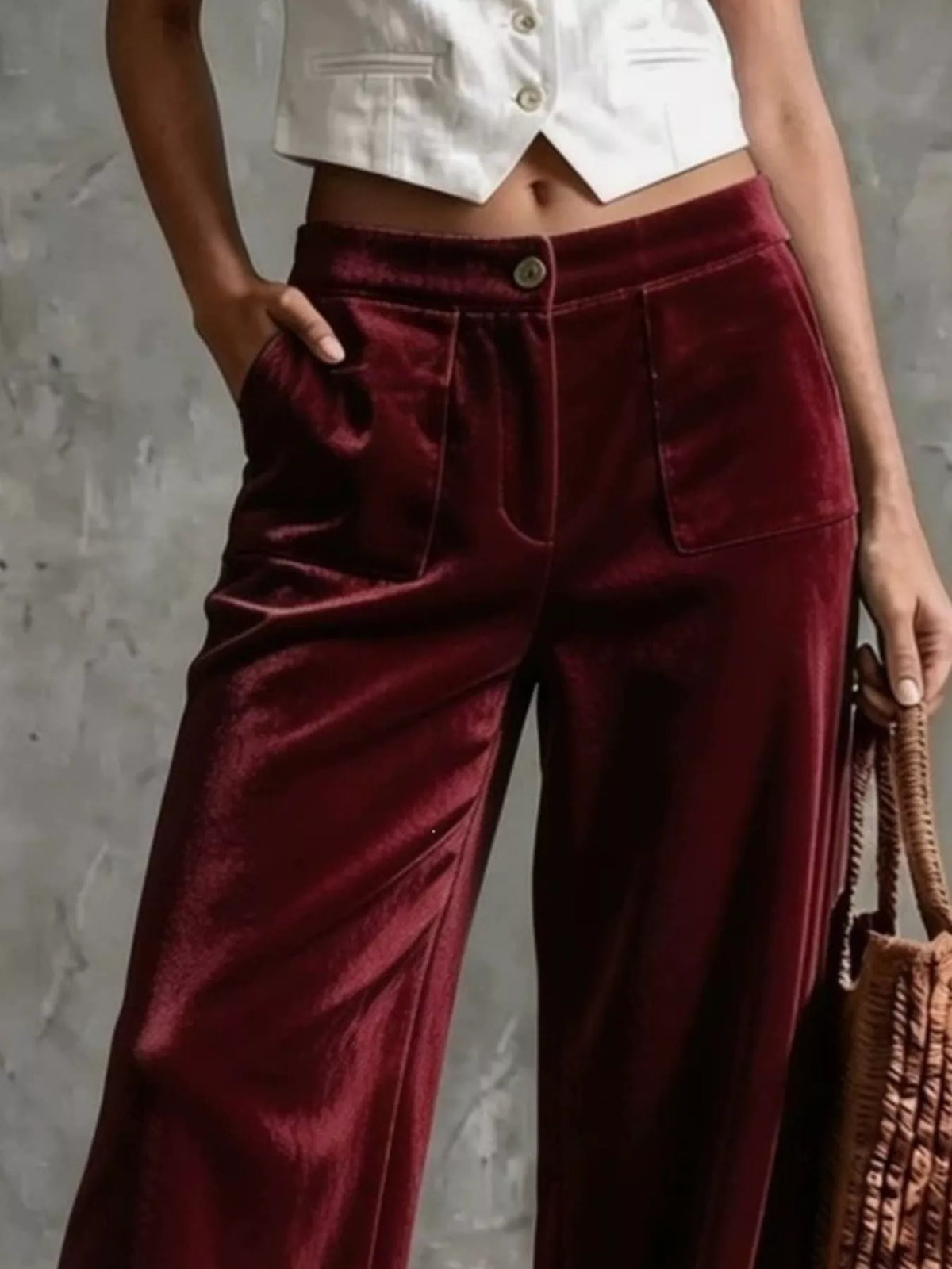 full size high-waisted wide-leg velvet pants with | dropsona - neutral - close-up detail