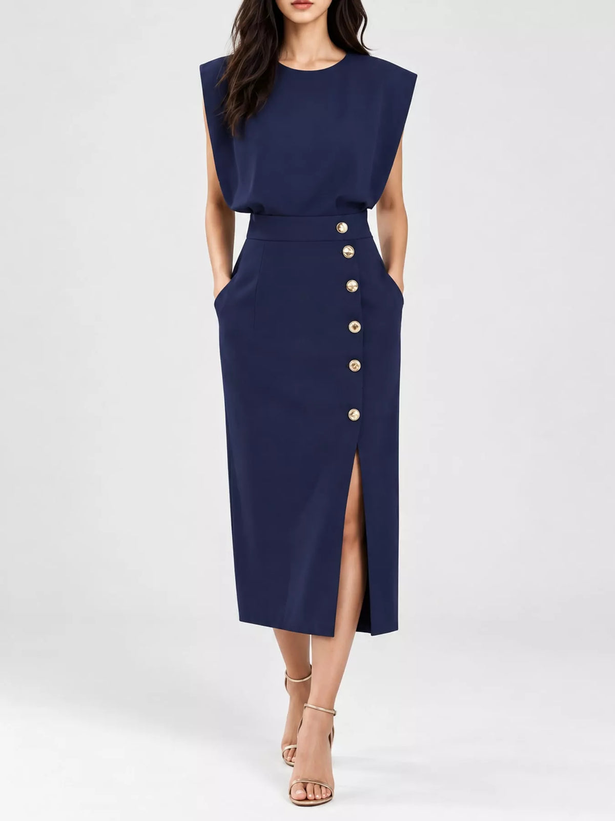sleeveless midi dress with gold button detail and | dropsona - neutral - usage example