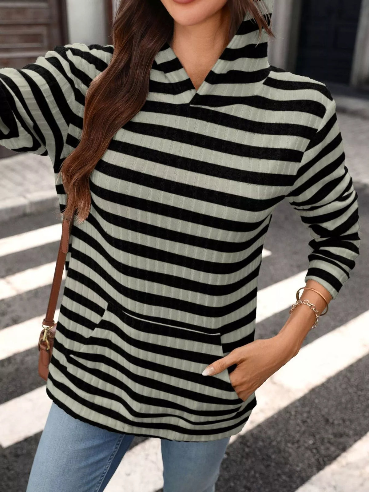 casual striped ribbed knit hoodie with kangaroo pocket | dropsona - neutral - material texture