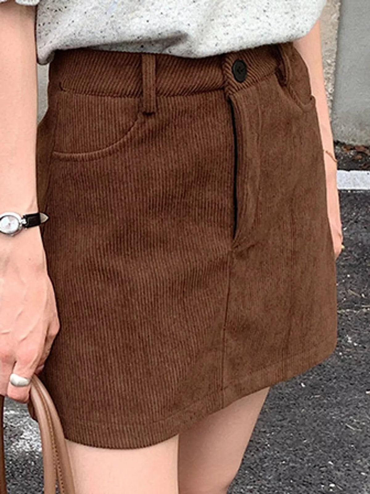 corduroy high-waisted mini skirt | dropsona polyester 100% - neutral - material texture