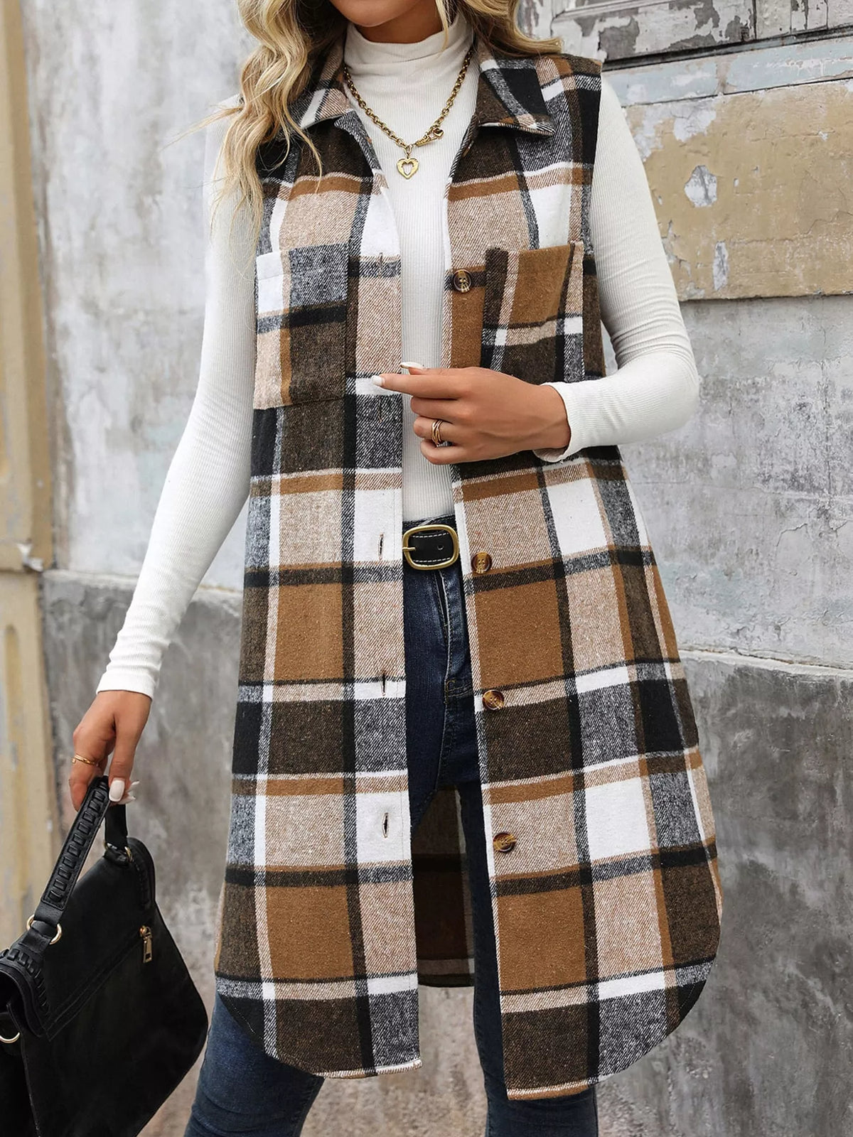 longline plaid button-down vest coat | dropsona - neutral - packaging