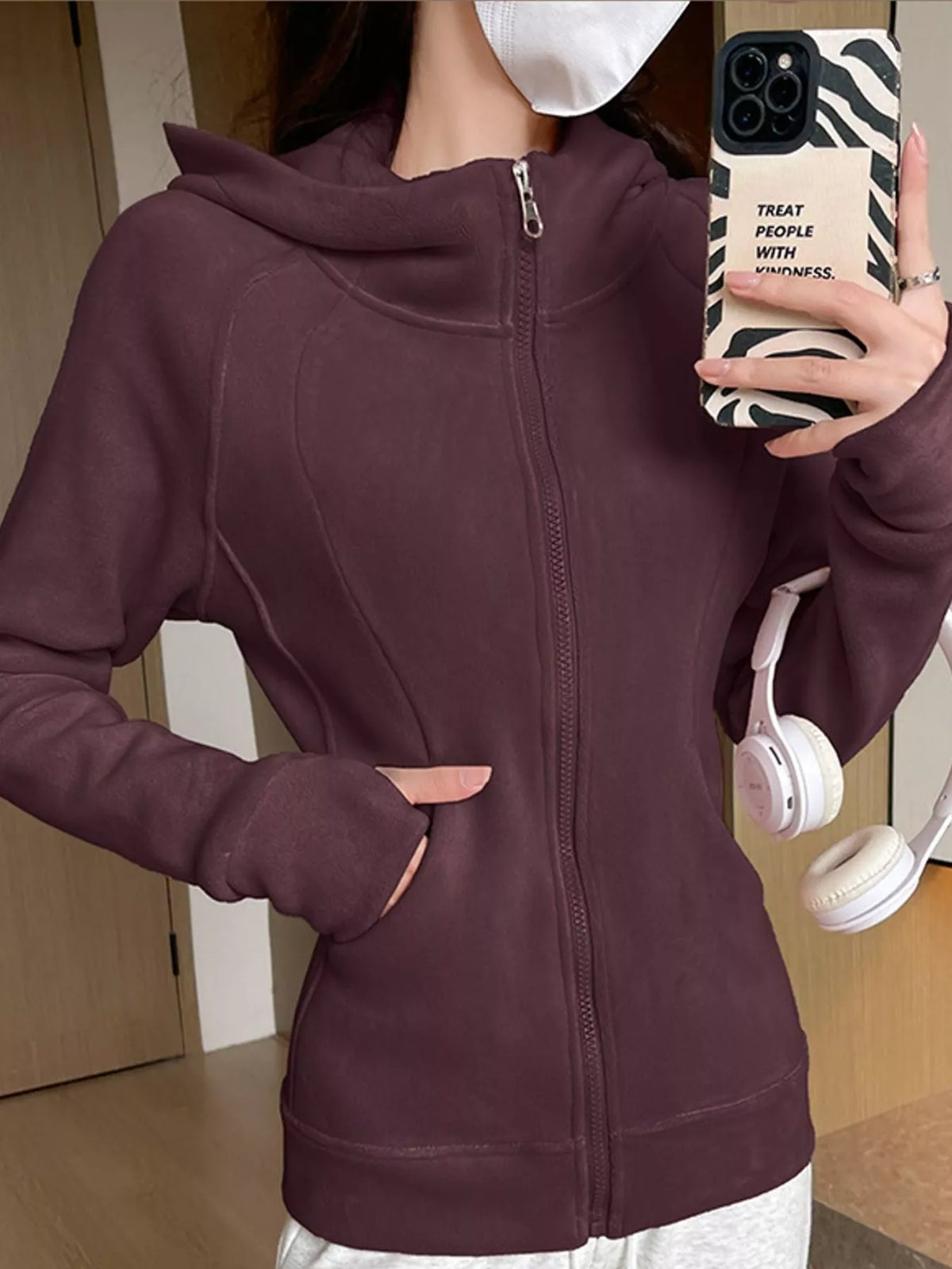 slim-fit full-zip thumb hole long sleeve hoodie with | dropsona - neutral - material texture