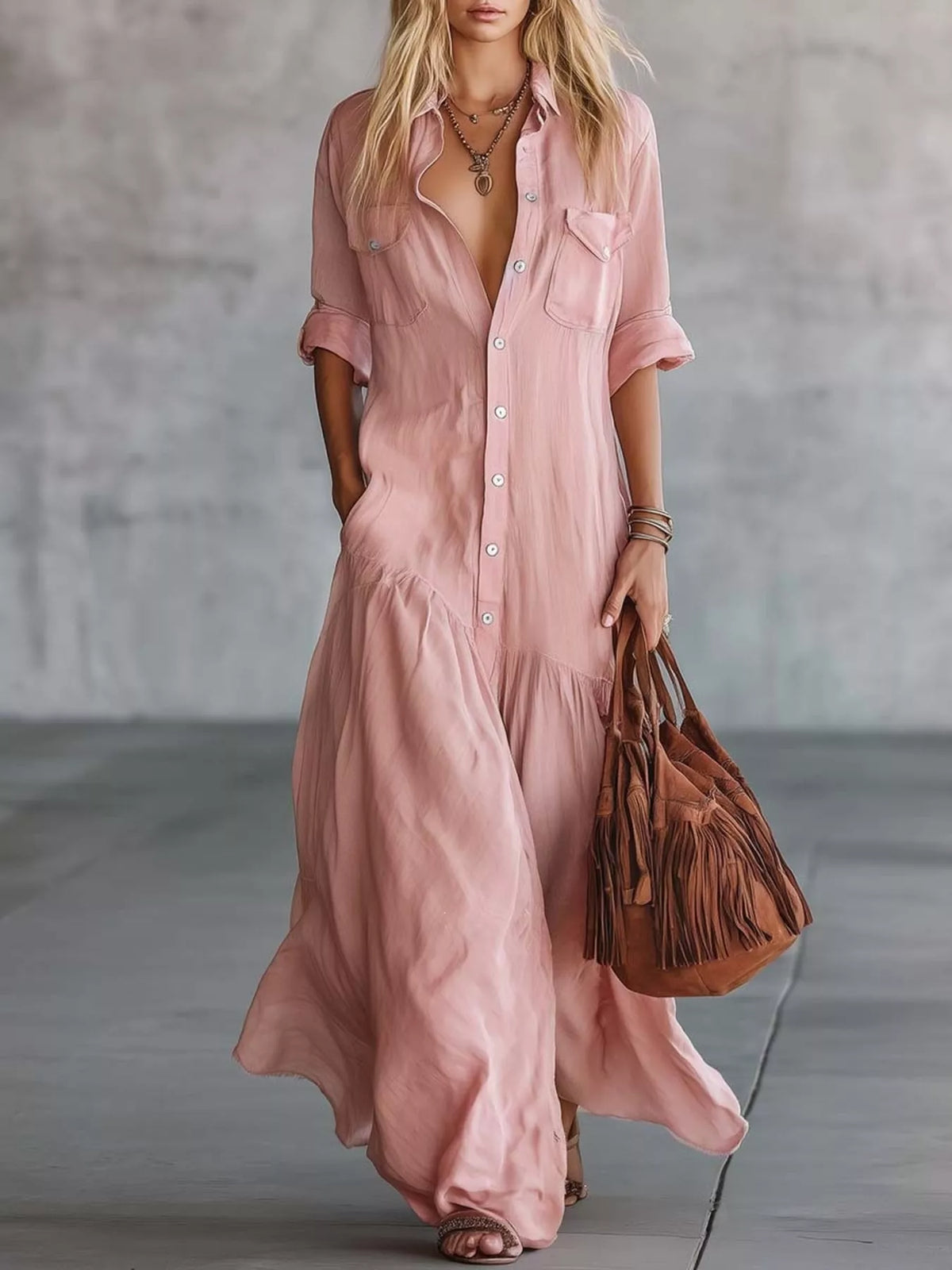 full size button-down maxi shirt dress with pockets | dropsona - neutral - size reference