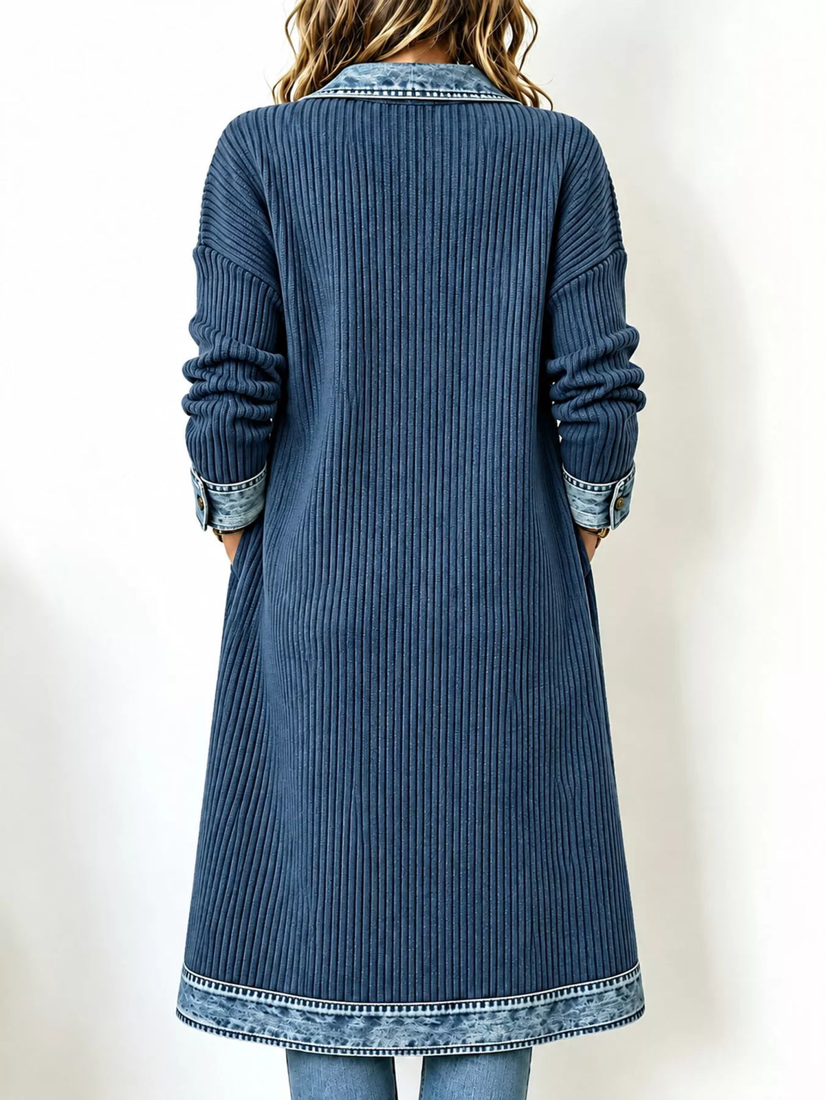 full size denim-trimmed ribbed knit longline cardigan | dropsona - neutral - close-up detail