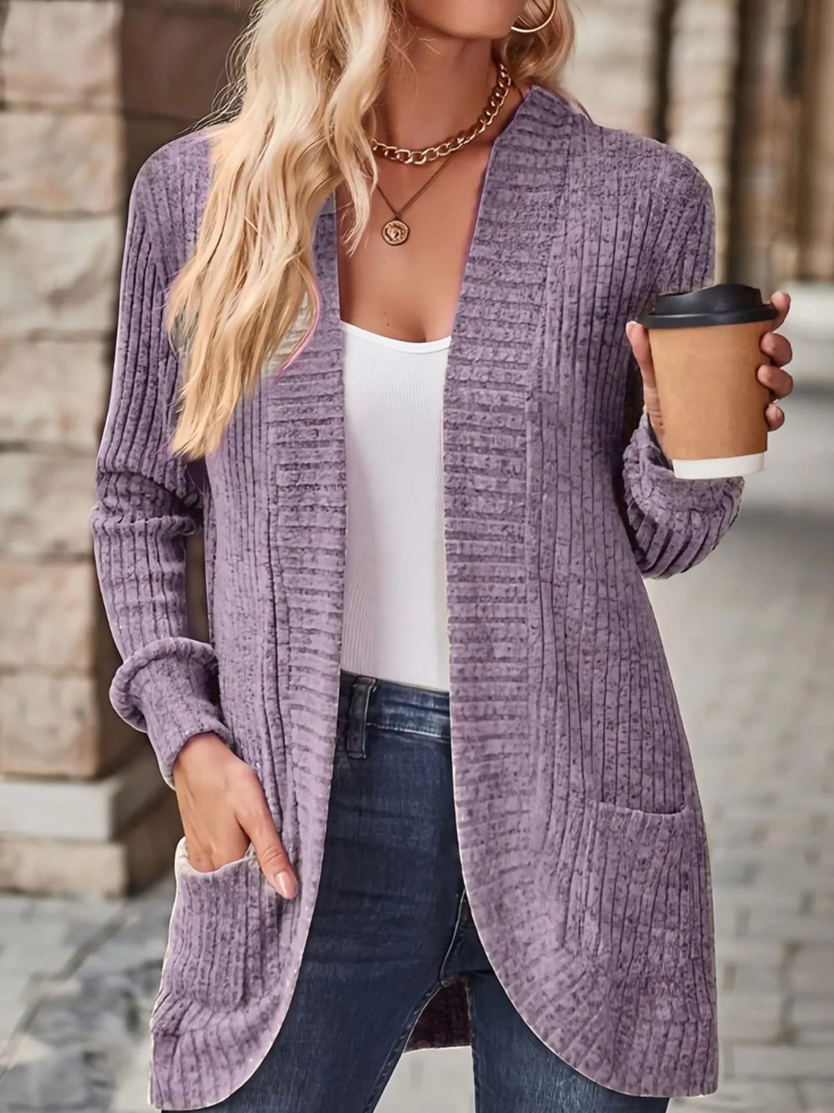 ribbed knit open front cardigan with pockets | dropsona - neutral - usage example