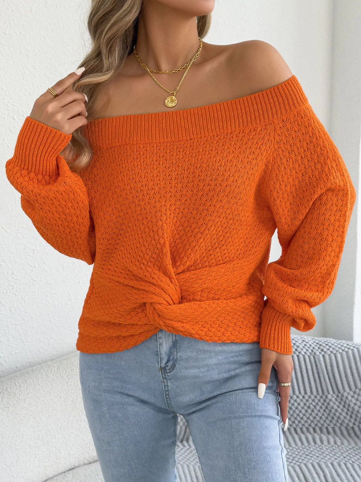 off-shoulder twist front textured knit top – twisted | dropsona - neutral - material texture