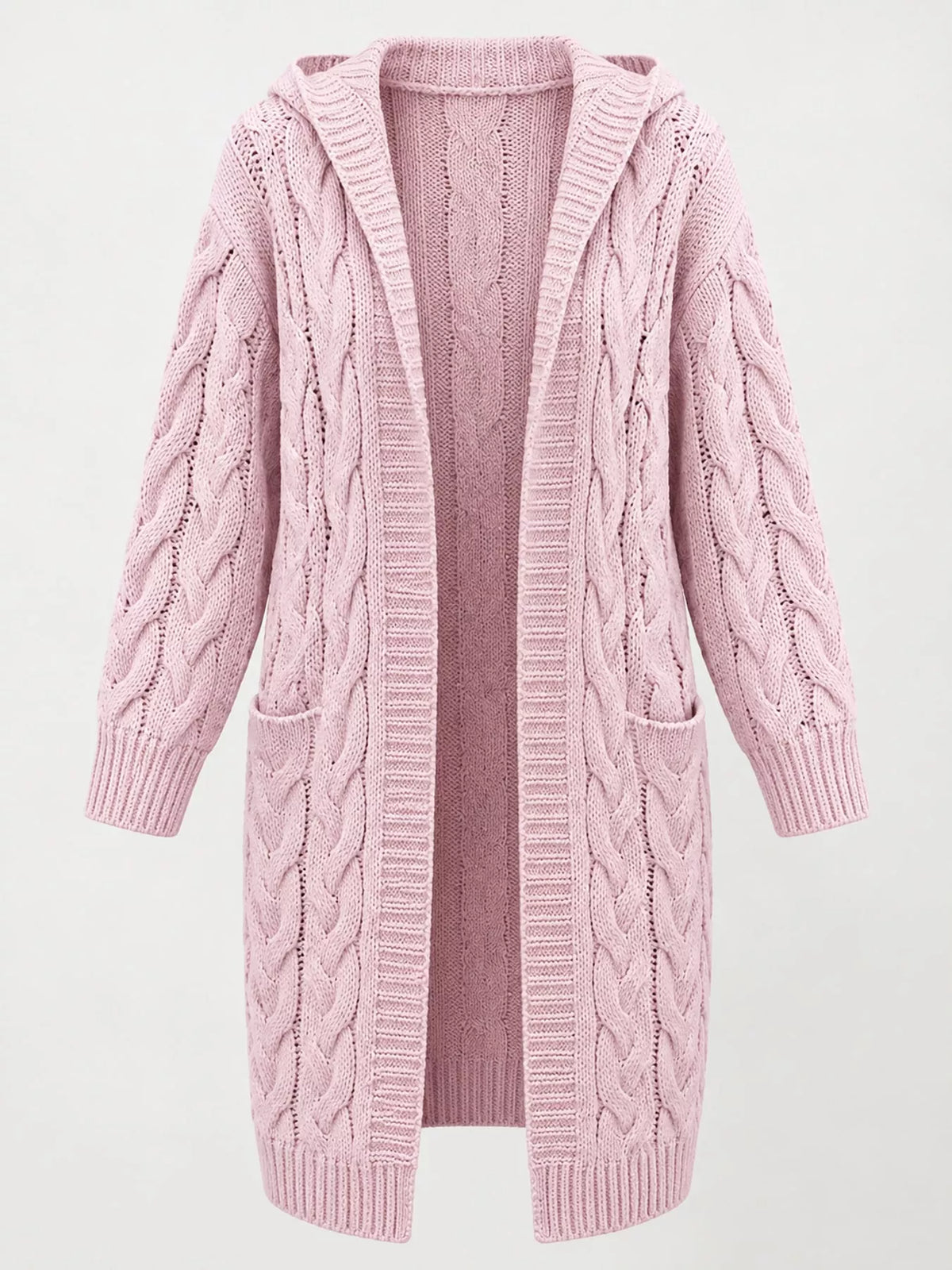 full size hooded cable knit longline cardigan plus | dropsona - neutral - front view
