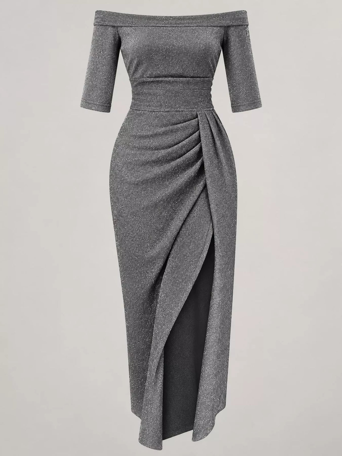 full size off-shoulder ruched slit midi dress plus | dropsona - neutral - usage example