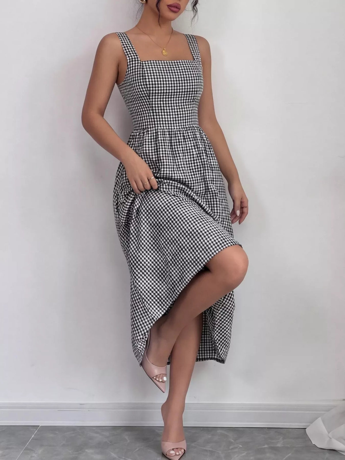 square neck gingham midi dress – pleated,seam detail | dropsona - neutral - everyday use