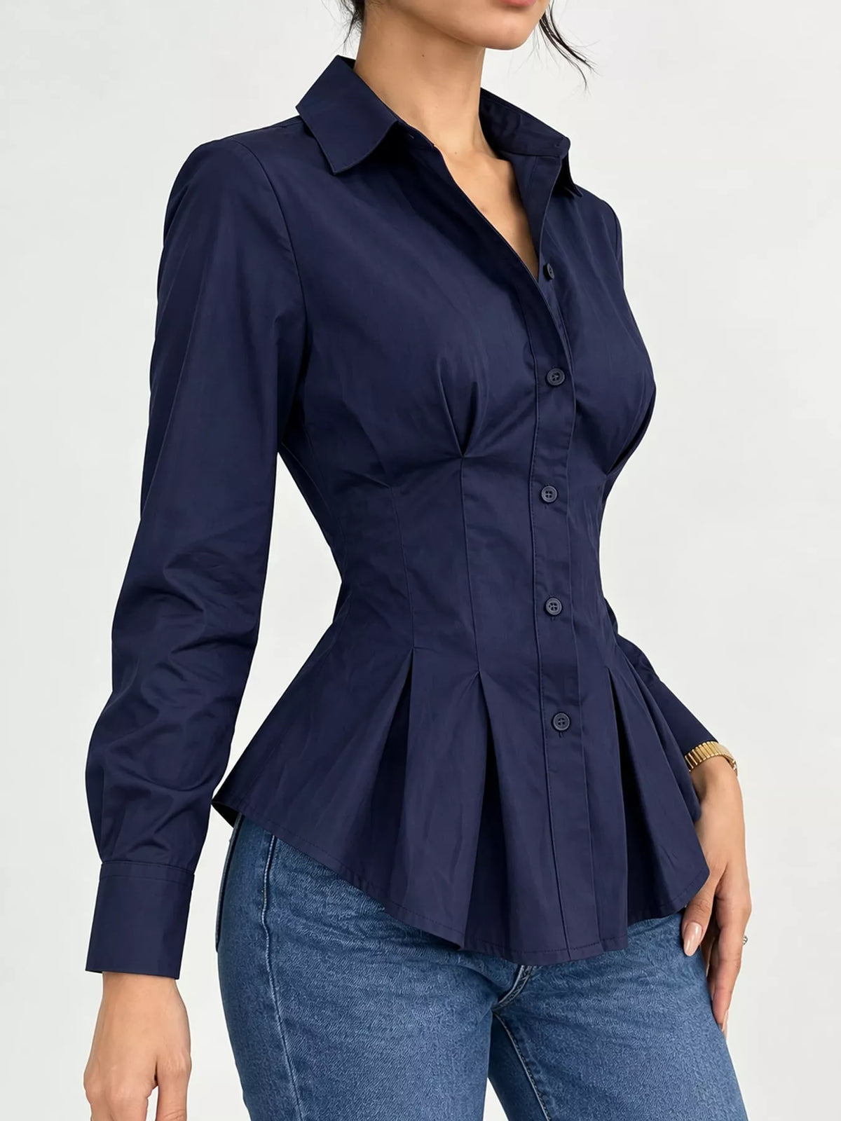button-down peplum blouse with fitted waist | dropsona - neutral - material texture