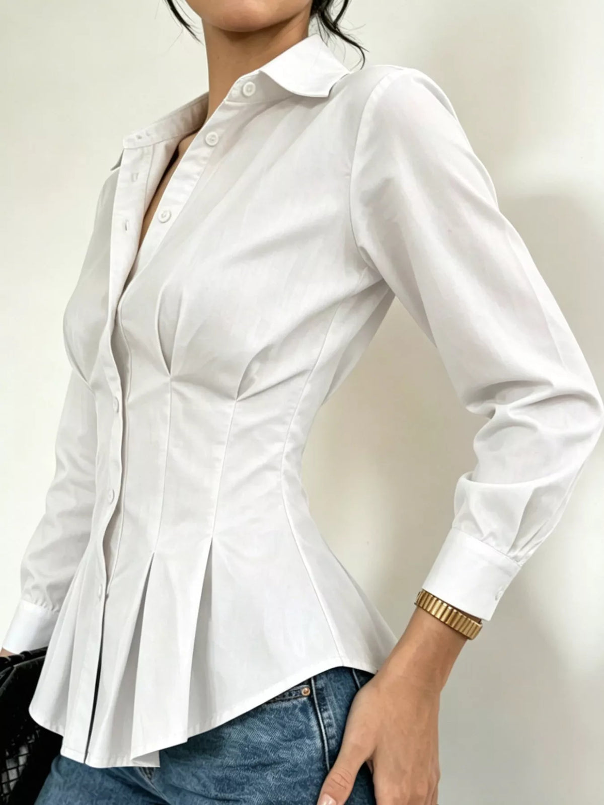 button-down peplum blouse with fitted waist | dropsona - neutral - size reference