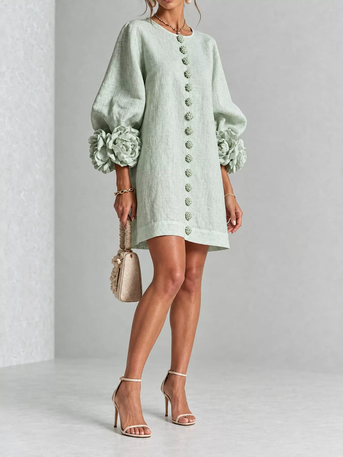 full size 3d floral sleeve accents mini dress plus | dropsona - neutral - front view