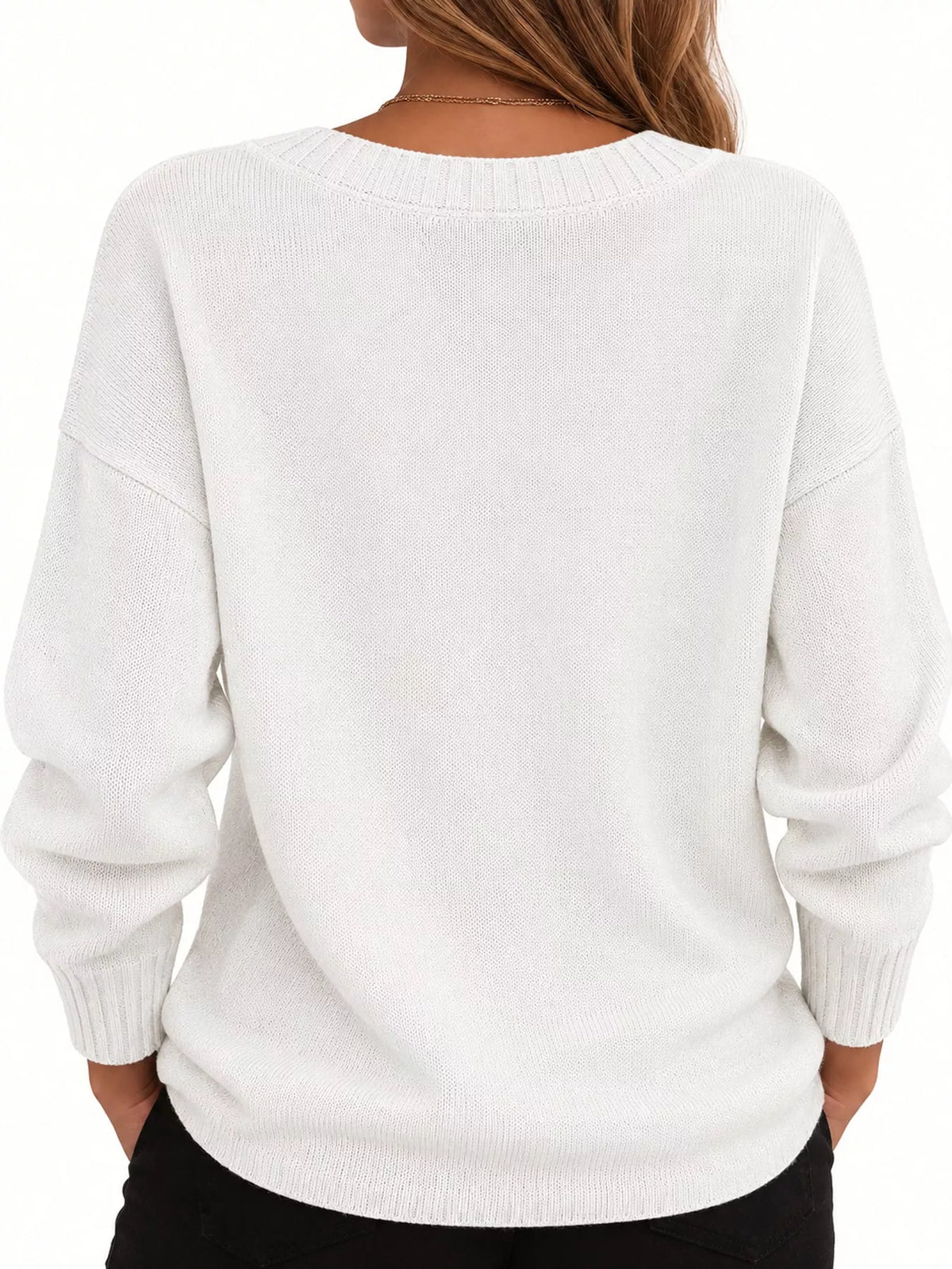 full size v-neck dropped shoulder sweater plus | dropsona - neutral - material texture