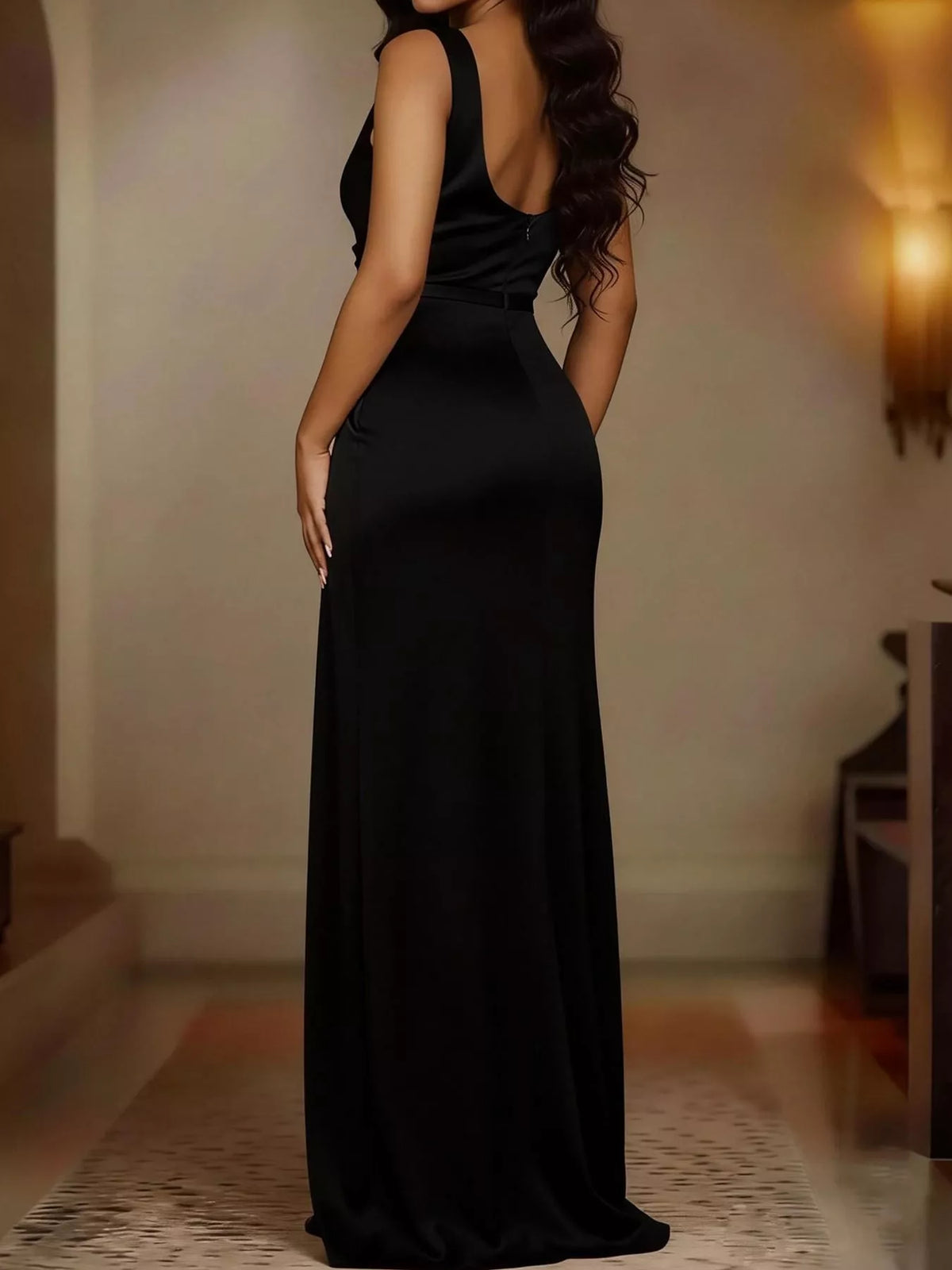 full size satin cowl neck high slit evening maxi | dropsona - neutral - front view