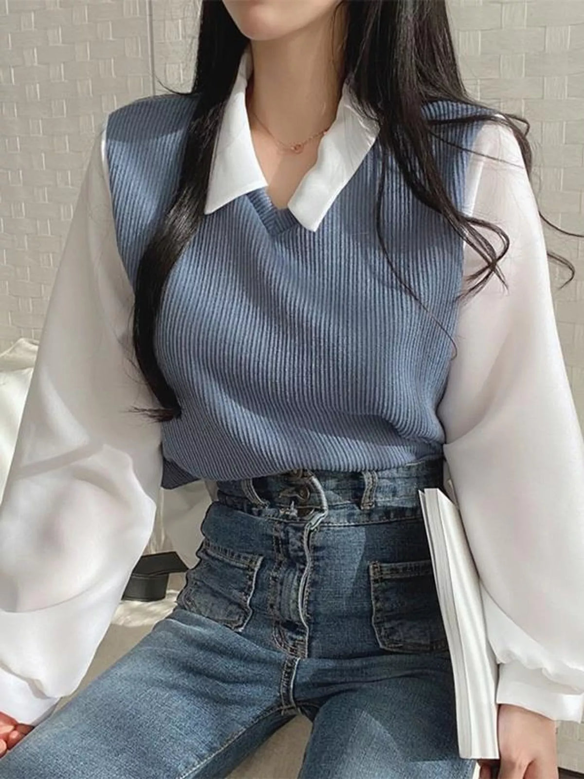 layered look long sleeve blouse – layered,ribbed fit | dropsona - neutral - everyday use