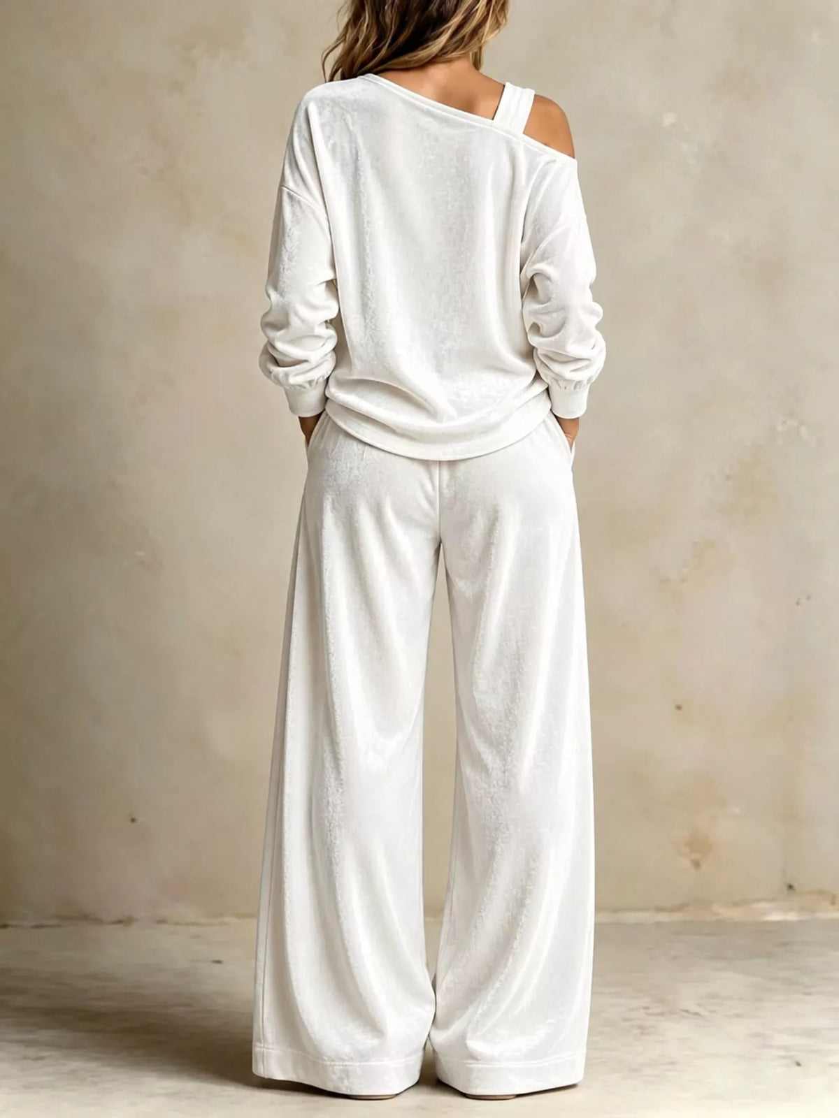 asymmetrical neck top and pants set | dropsona - neutral - close-up detail