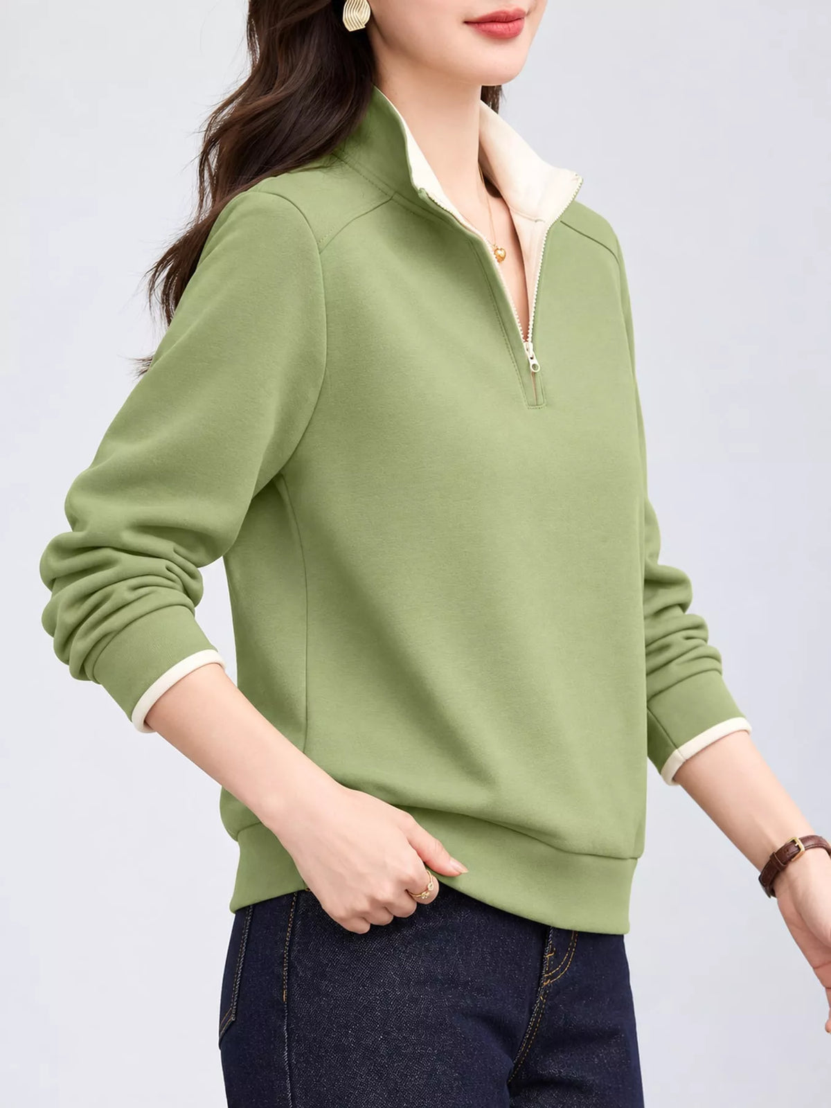 plus size quarter-zip sweatshirt with contrast collar | dropsona - neutral - close-up detail