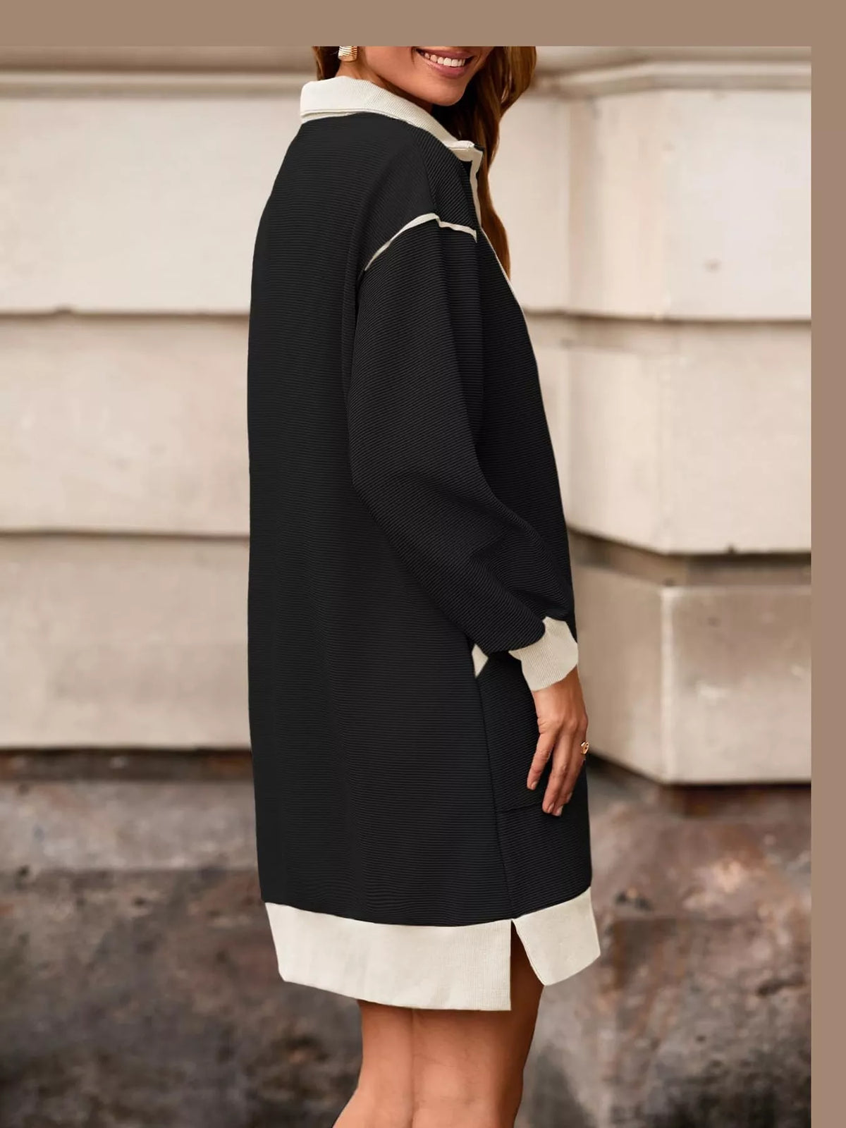 color block quarter-zip sweatshirt dress | dropsona - neutral - size reference