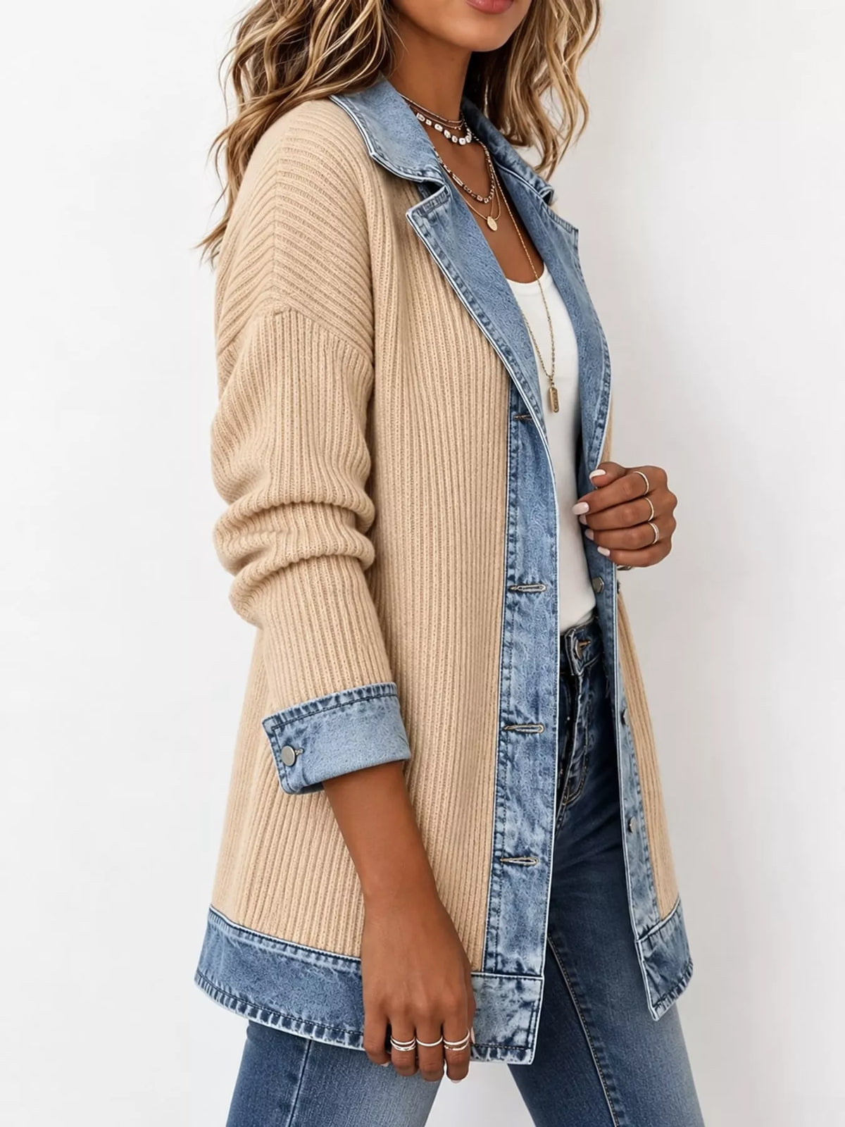 full size denim trim ribbed knit cardigan plus | dropsona - neutral - close-up detail