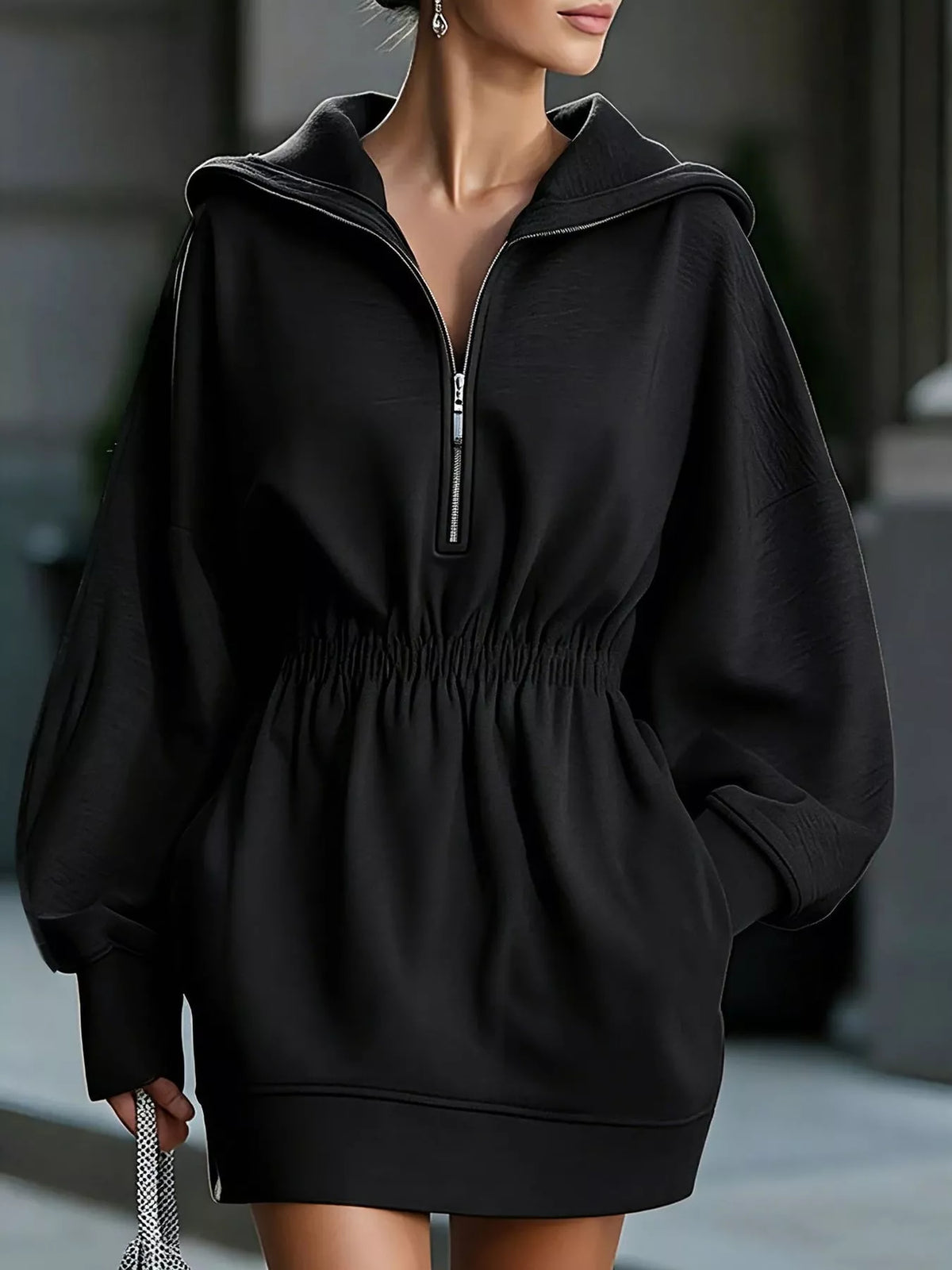 half-zip hooded sweatshirt dress – zipper,pocketed fit | dropsona - neutral - material texture