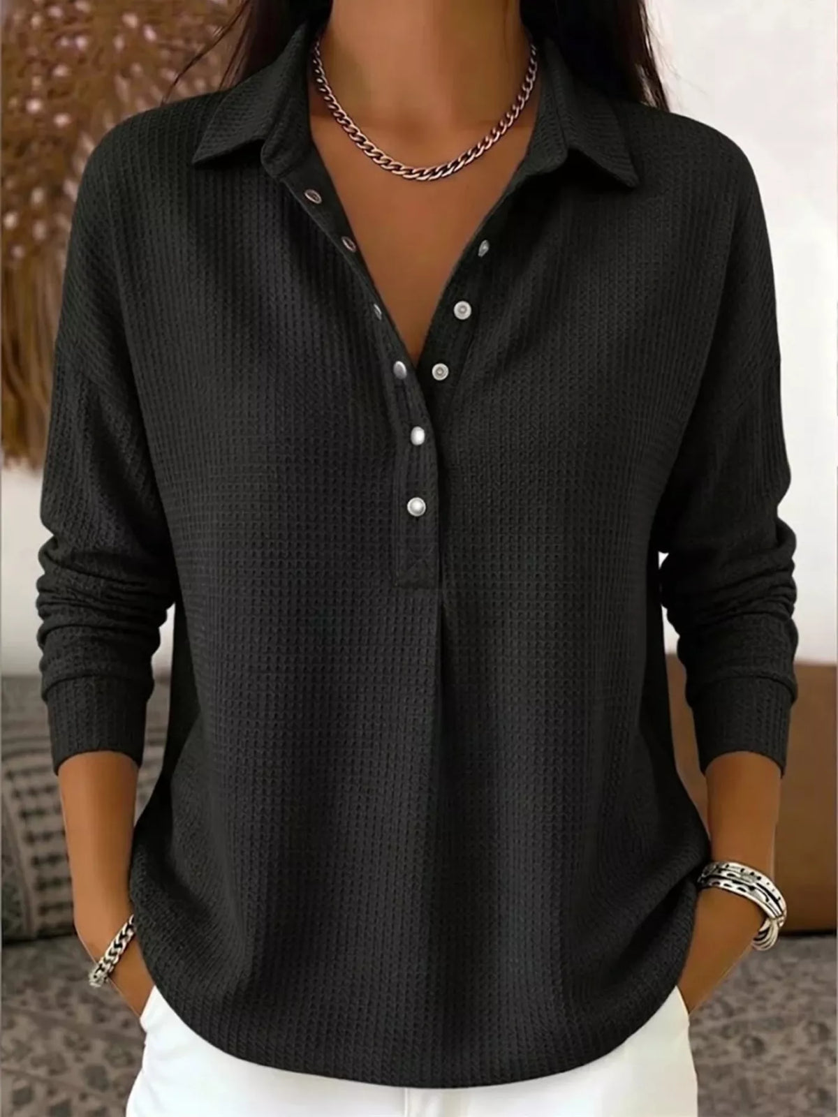 waffle knit snap down blouse – buttoned | dropsona - neutral - close-up detail
