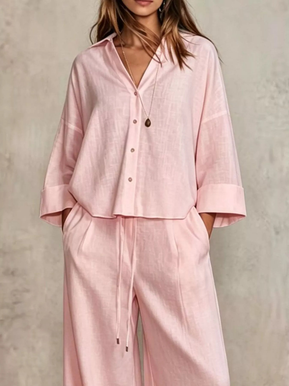 full size button-down shirt and wide-leg pants set | dropsona - neutral - size reference
