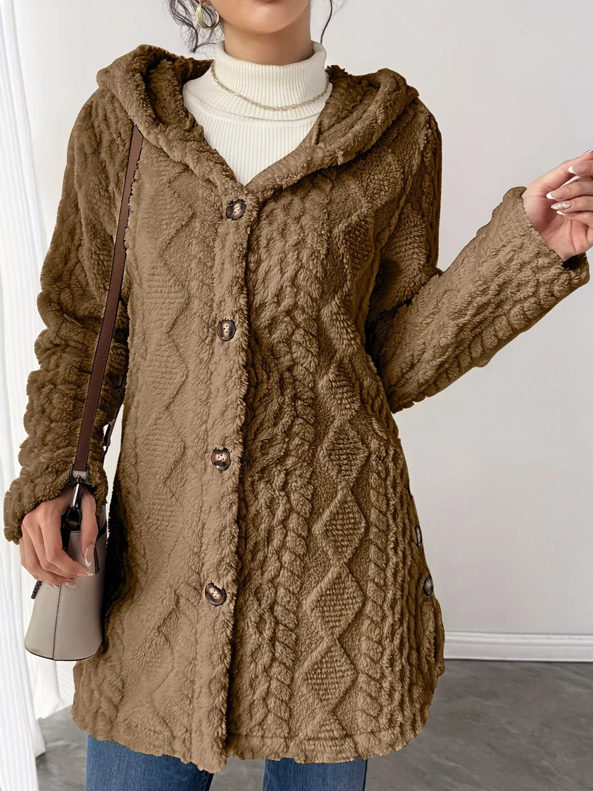 full size cozy cable-knit faux fur hooded outerwear | dropsona - neutral - usage example